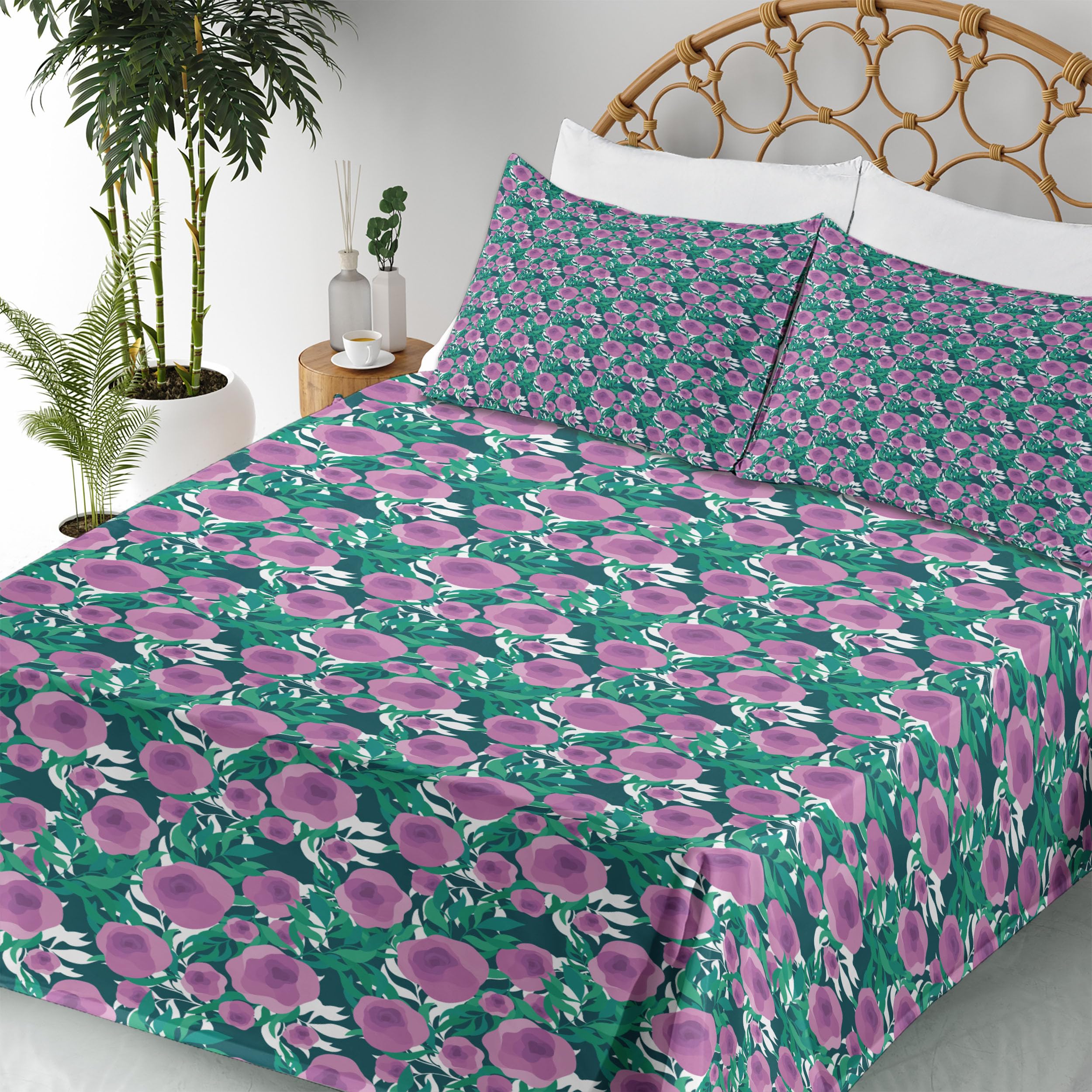 Ambesonne Floral King Size 4-Piece Sheet Set - Blossoming Flowers & Leaves Design, Fitted & Flat Sheets with Pillowcases, Pale Fuchsia & Sea Green - Perfect for Spring Bedroom Decor, Guest Room Makeover, or Boho Chic Home Styling