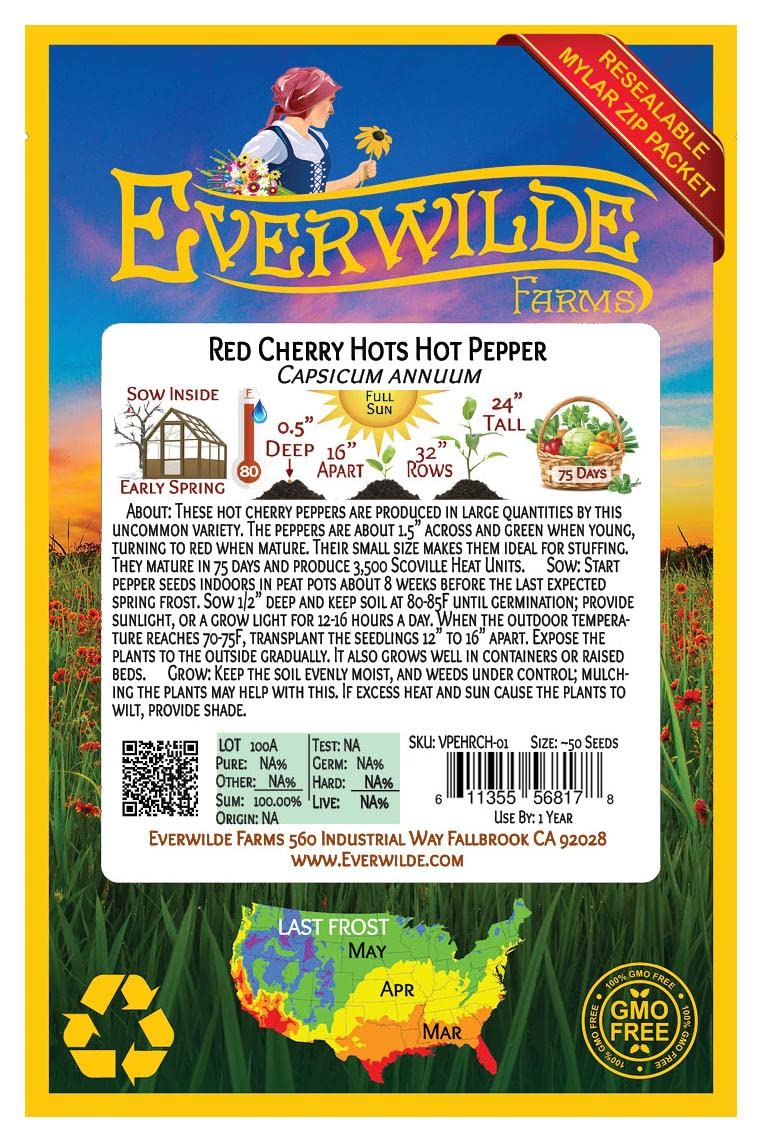 Everwilde Farms - 50 Red Cherry Hots Hot Pepper Seeds - Gold Vault Seed Packet for Spicy Garden Planting & Home Cooking