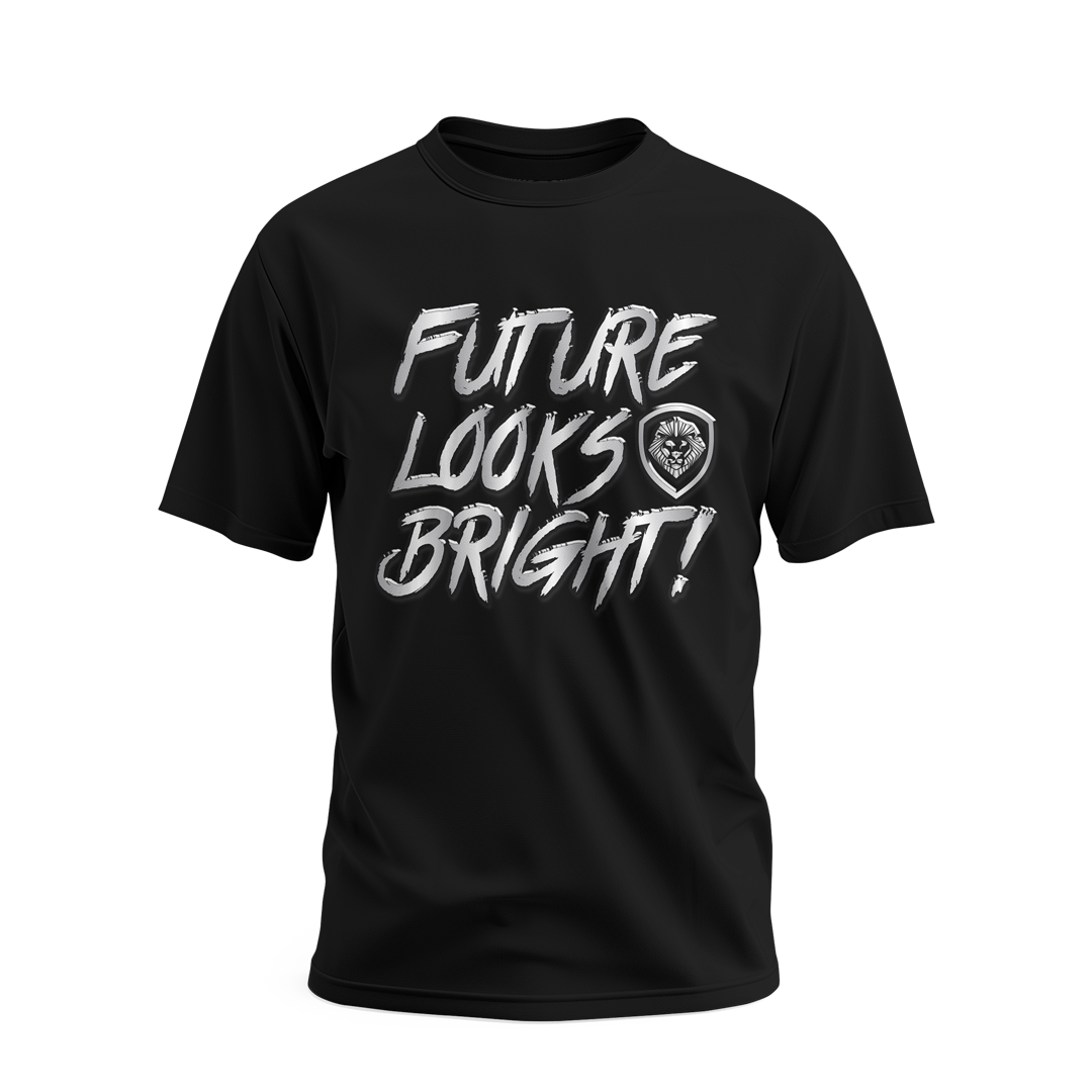 Future Looks Bright Black & Silver Raised Embossed Print Performance Short Sleeve T-Shirt - Gym Workout & Casual Streetwear Fashion