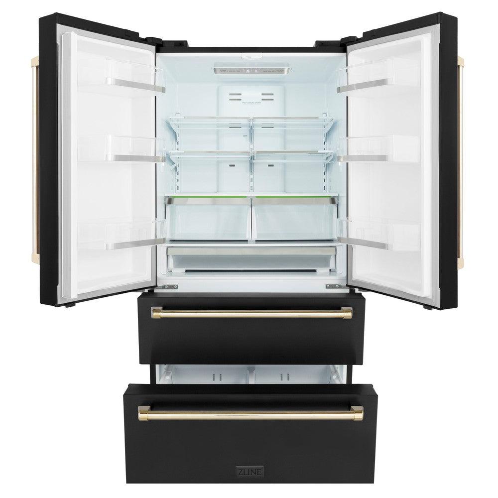 ZLINE Autograph Edition 36-inch Black Stainless Steel Kitchen Package - Dual Fuel Range, Range Hood, Dishwasher & Gold Accent Refrigerator | Luxury Kitchen Appliances for Modern Homes & Professional Chefs