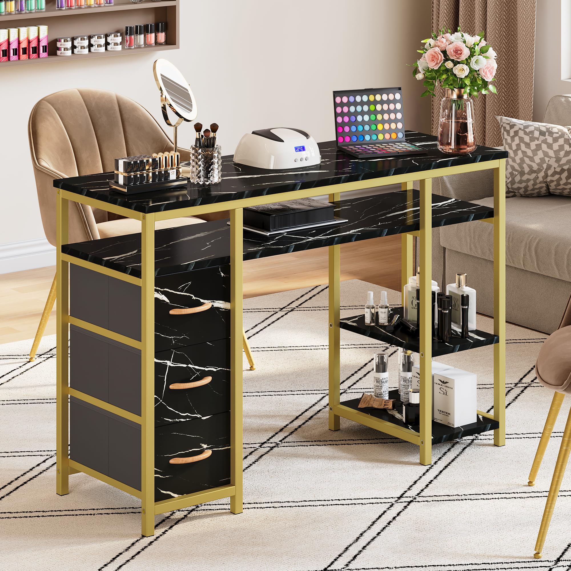 DWVO Professional Nail Desk with 3 Drawers - Marble Texture Manicure Station, Acetone-Resistant Nail Tech Table for Salon & Spa - Perfect for Nail Artists & Beauty Professionals (Black) | Ideal for Nail Extensions, Gel Polish Application & Pedicure Services