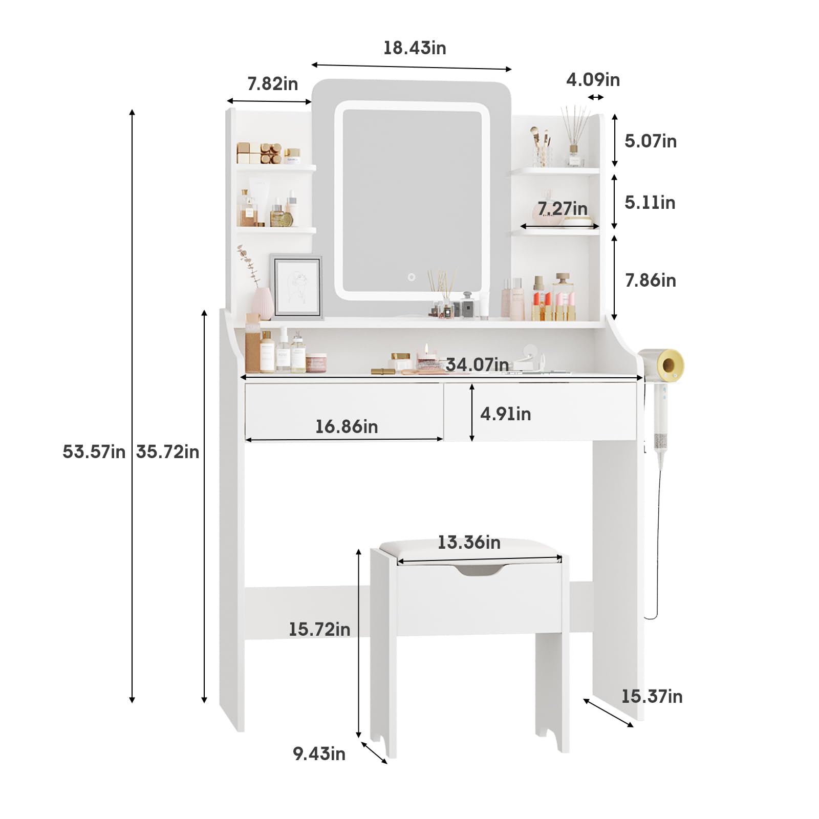 Vabches White LED Vanity Desk with Mirror - Makeup Dressing Table with Power Outlet, 3 Lighting Modes, 2 Storage Drawers & Hair Dryer Holder - Perfect for Bedroom, Dressing Room & Beauty Salon (Women & Girls)