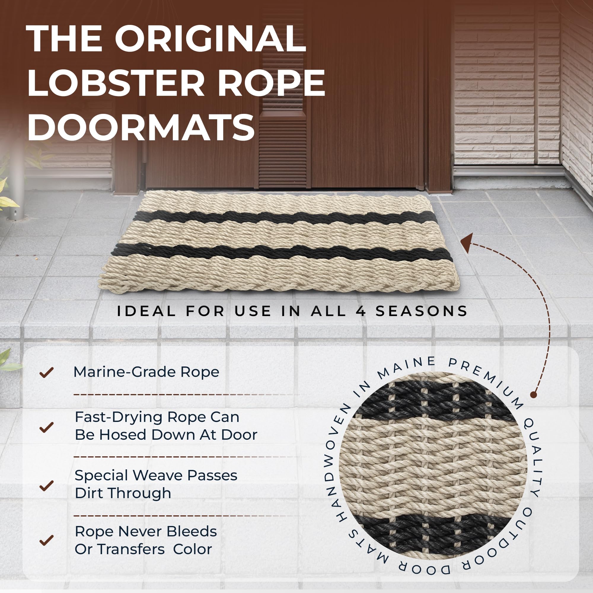 Premium Outdoor Lobster Rope Doormat - All-Weather Woven Nautical Welcome Mat for Front Door (Dark Tan with 2 Black Stripes, 18