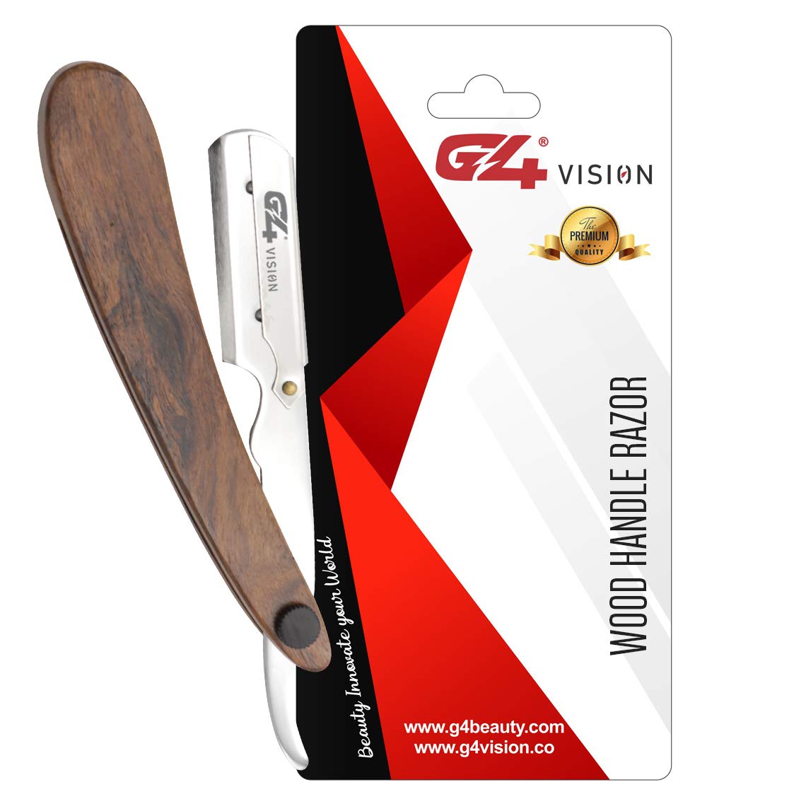 G4 Vision Professional Straight Edge Razor - Genuine Wood Handle & Stainless Steel Folding Design - 100 Free Blades Included - Perfect for Barber Shaving, Beard Trimming & Personal Grooming