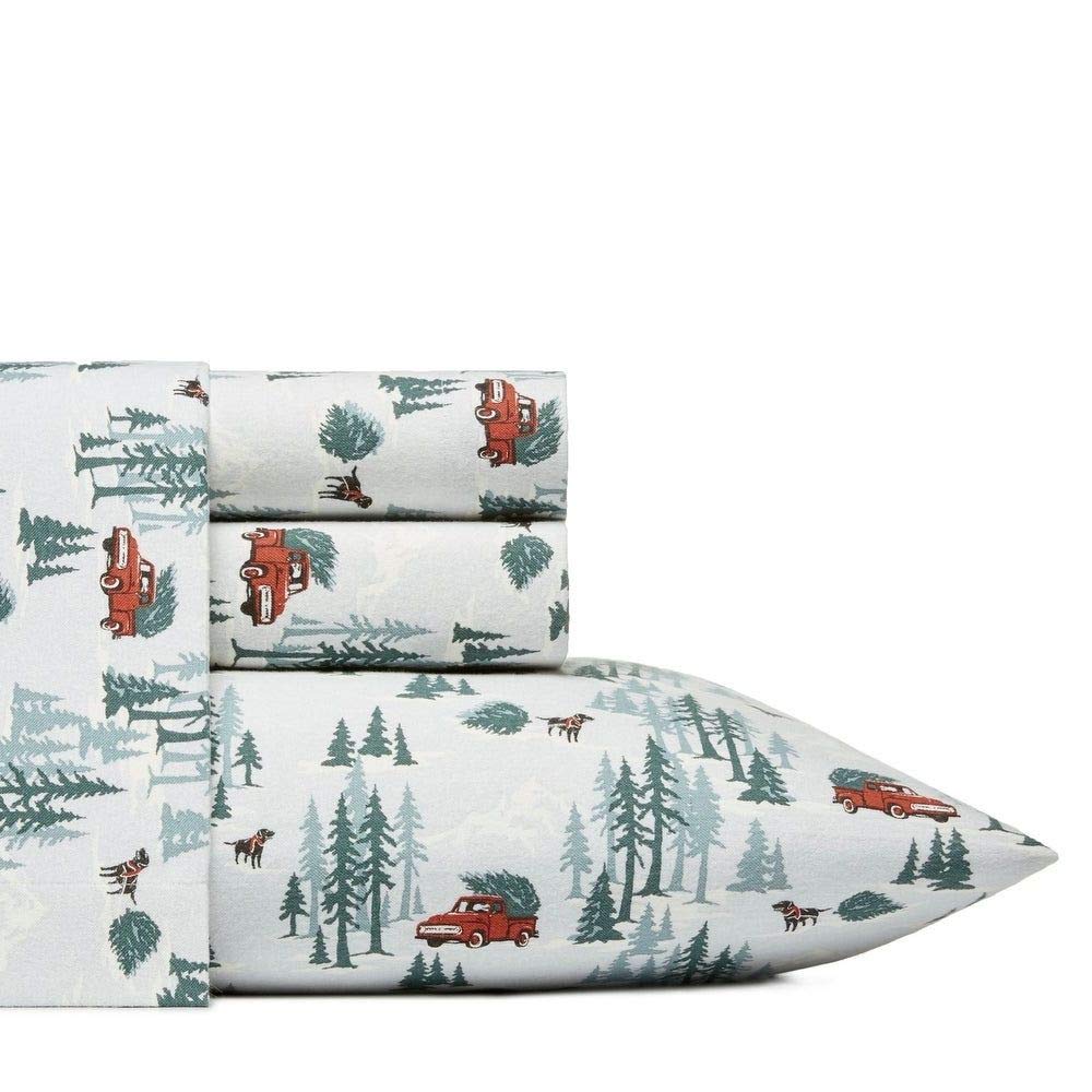 4-Piece King Size Cotton Flannel Sheet Set - Christmas Tree & Car Motifs in Blue & White | Deep Pocket Fully Elasticized Fitted Sheet | Soft, Cozy & Comfortable for Kids' Bedroom | Perfect for Winter Nights & Holiday Decor