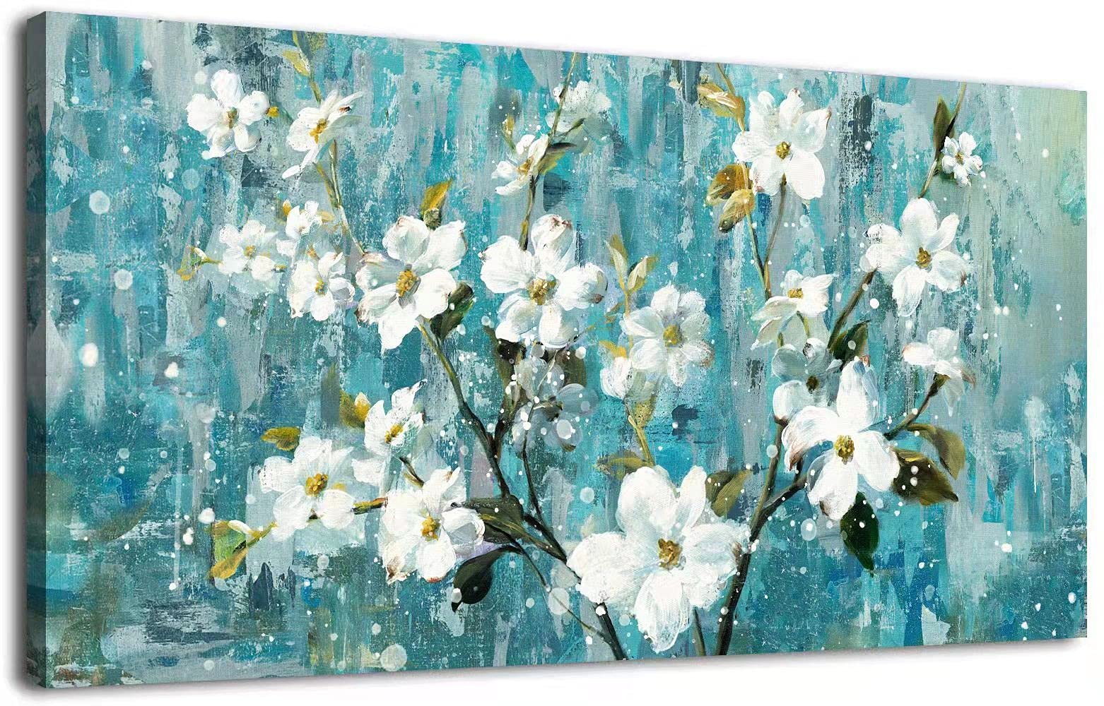 Abstract Floral Canvas Wall Art - Modern Framed Flower Painting for Bedroom, Living Room, Home Office & Kitchen Decor - Large Blue Wall Picture 20x40 Inches - Perfect for Accent Walls, Housewarming Gifts & Interior Design