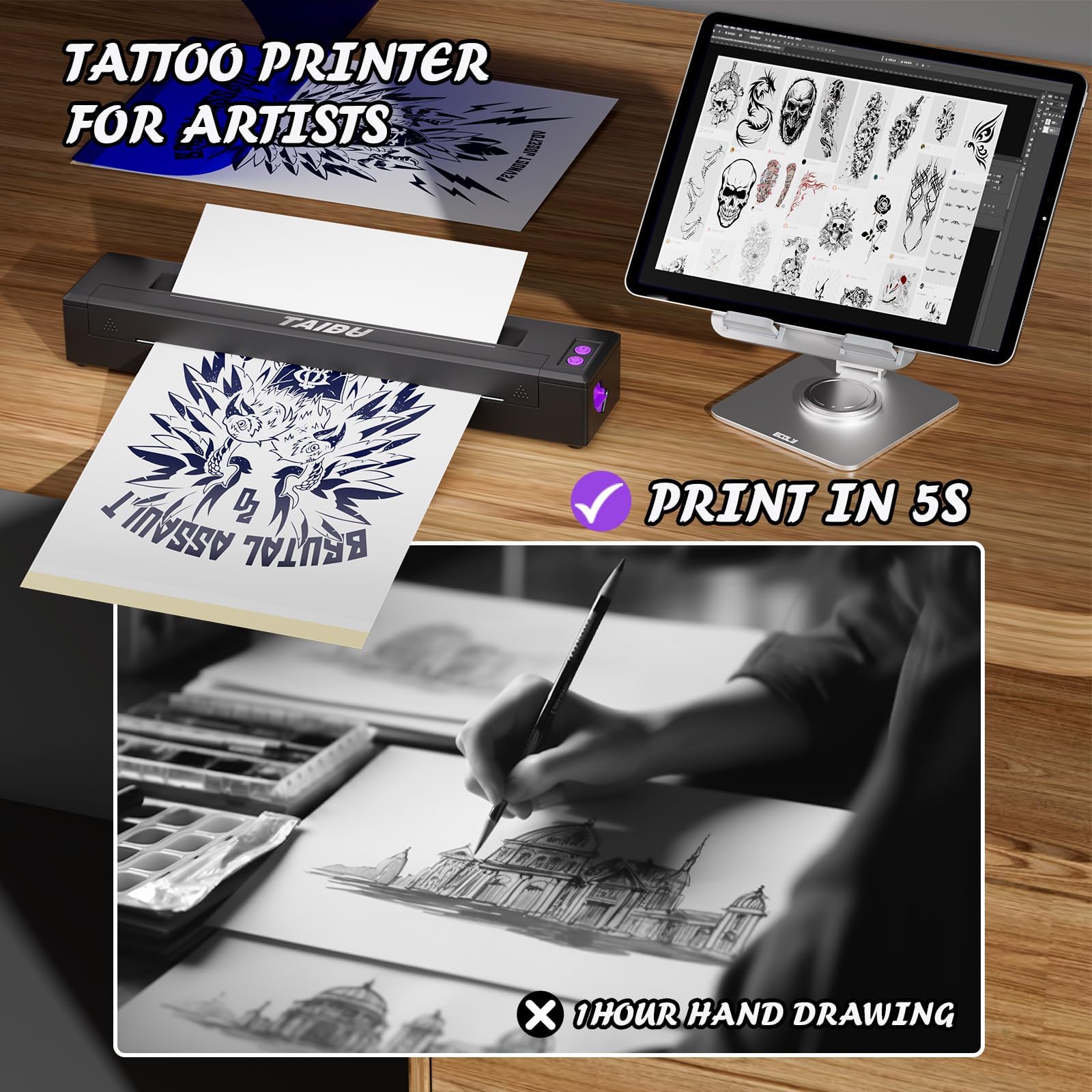 P19 Upgate Wireless Tattoo Thermal Printer Kit with 20 Sheets Tattoo Transfer Paper - Compatible with iPhone & Android Phones for Professional Tattoo Artists & Beginners - Perfect for Tattoo Studio, Home Practice & Temporary Tattoo Designs