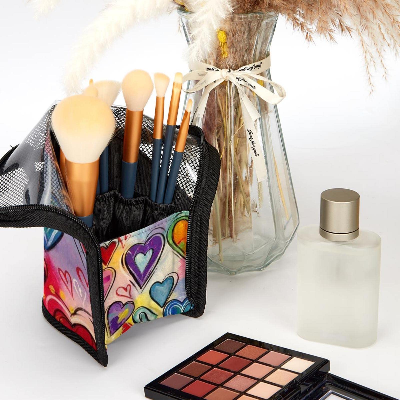 12-Piece Makeup Brush Organizer Bag with Colorful Heart Design - Portable Travel Cosmetic Brush Holder Case for Valentine's Day Gift, Home & Travel Use