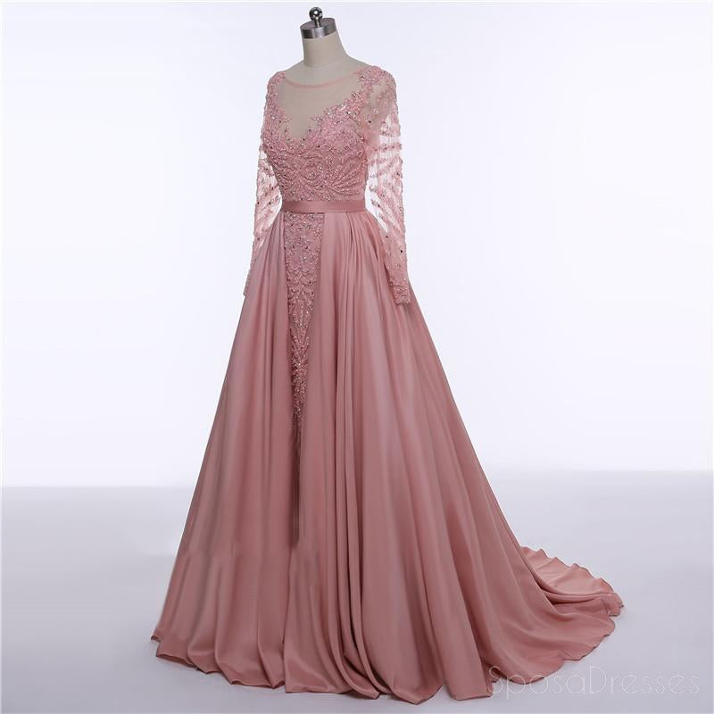 Elegant Long Sleeve Sheer Beaded Dusty Pink Evening Prom Dress - 2018 Popular Party Gown for Formal Events & Special Occasions