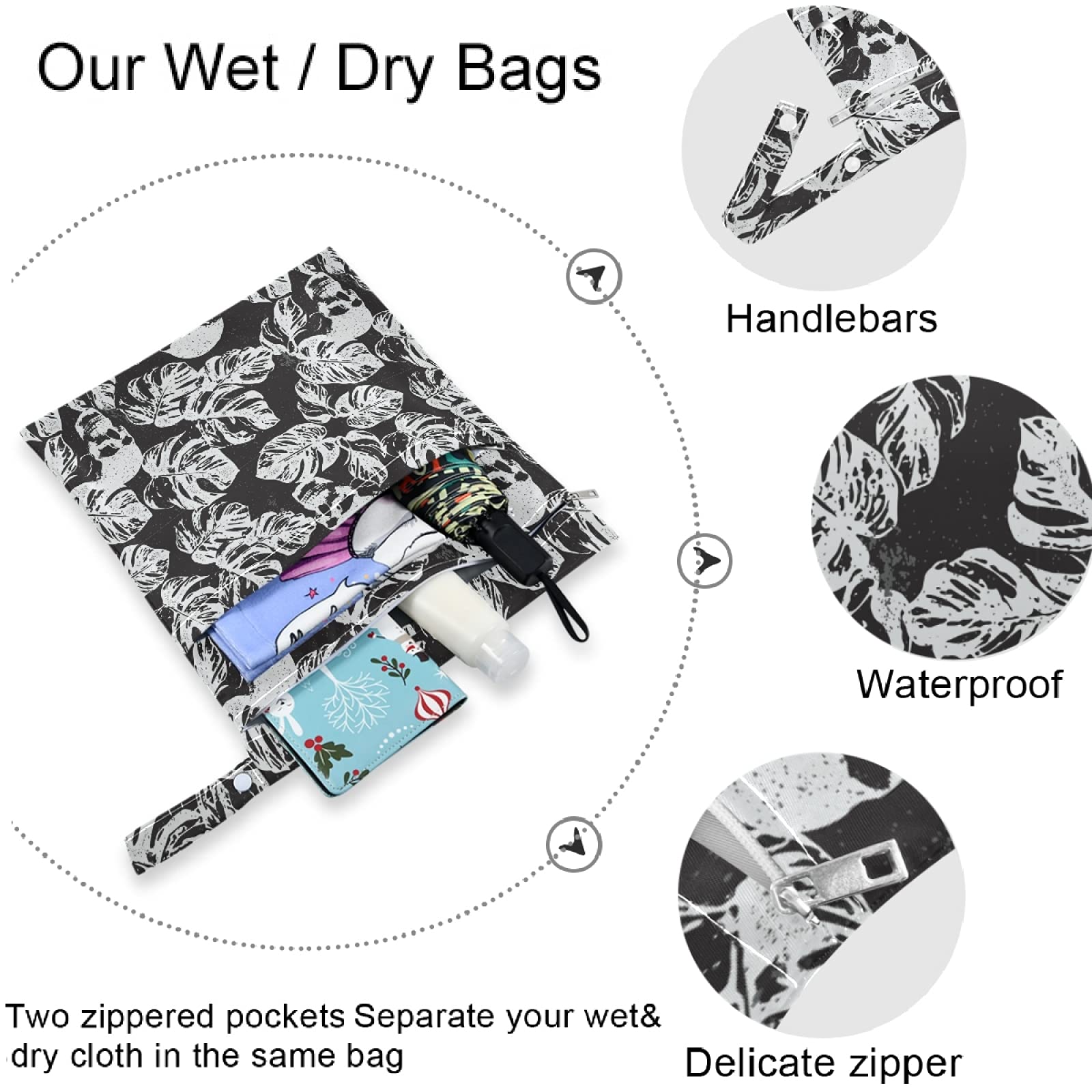 Visesunny 2Pcs Skull Leaf Black Pattern Wet Bags with Zippered Pockets - Washable & Reusable Waterproof Storage for Travel, Beach, Pool, Daycare, Stroller, Diapers, Gym Clothes, Swimsuits & Toiletries - Perfect for Baby Essentials, Sports Gear & Wet Items Organization