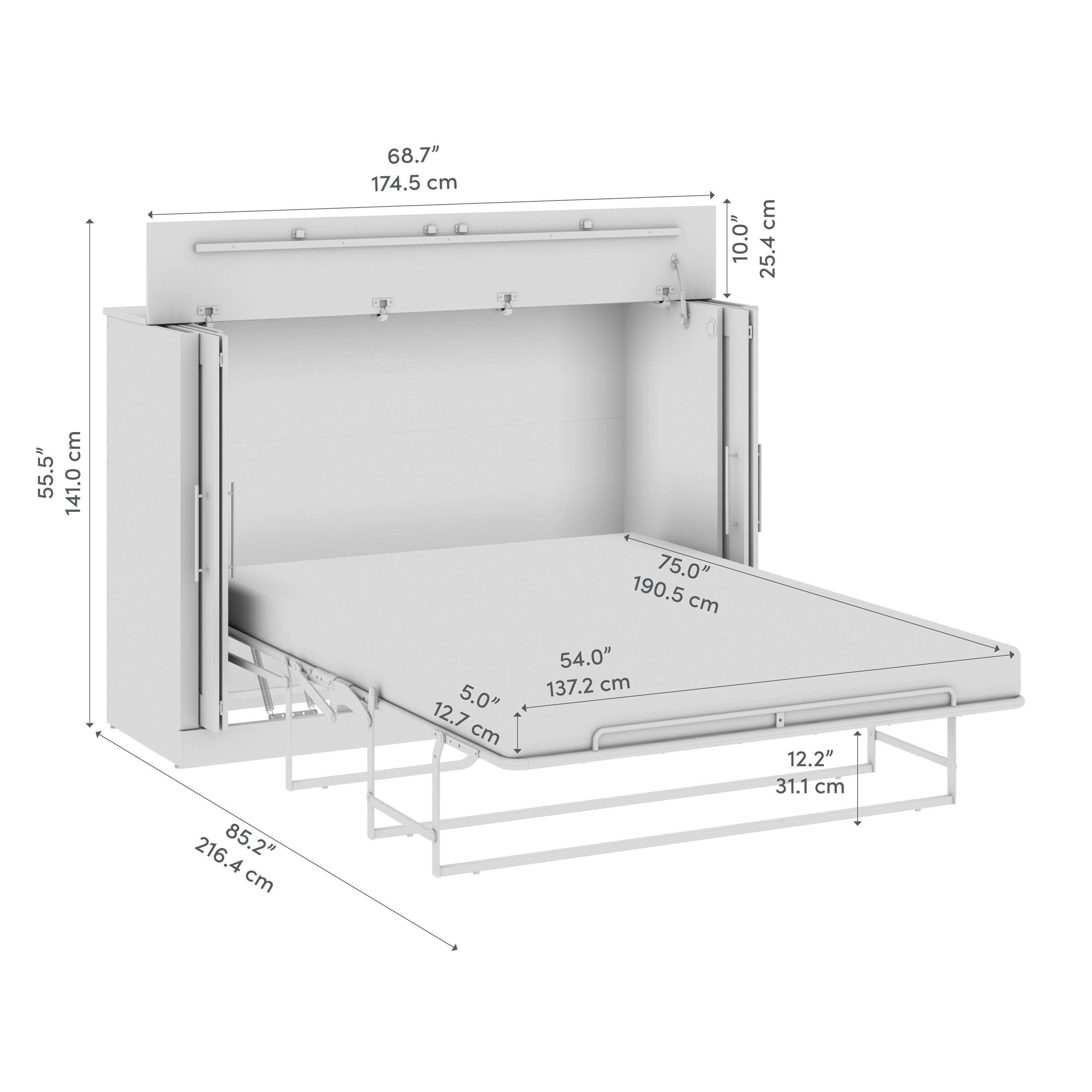 Pur 69W Full Cabinet Bed with Mattress - 3 Color Options | Space-Saving Storage Bed for Small Rooms & Apartments | Modern Platform Bed Frame with Built-in Drawers