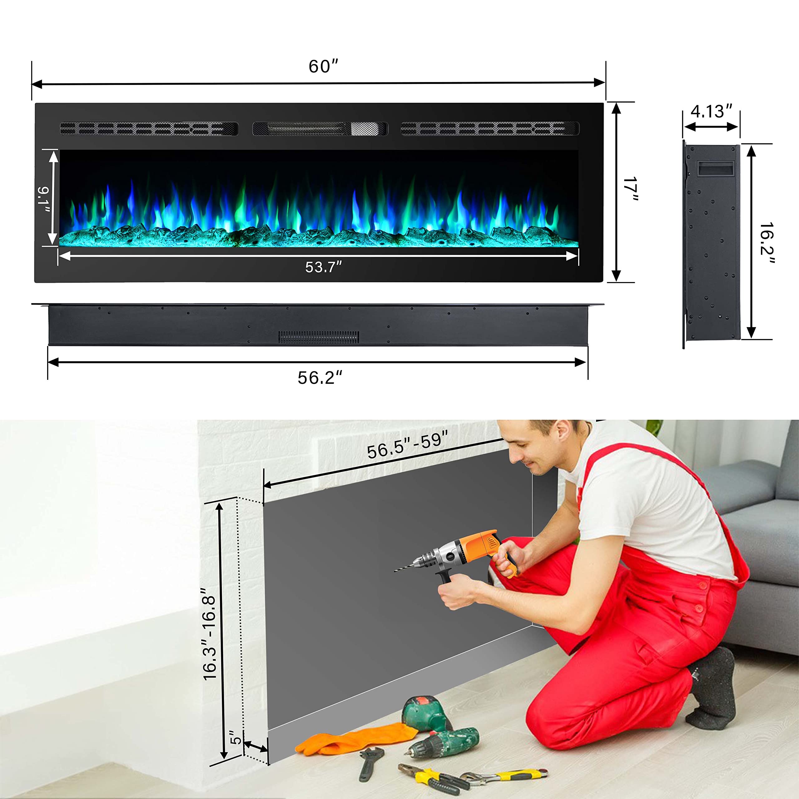 60 Inch Electric Fireplace Insert - Wall Mounted Fireplace with 12 Flame Colors, Remote Control & Timer - Perfect for Living Room, Bedroom, and Office Heating