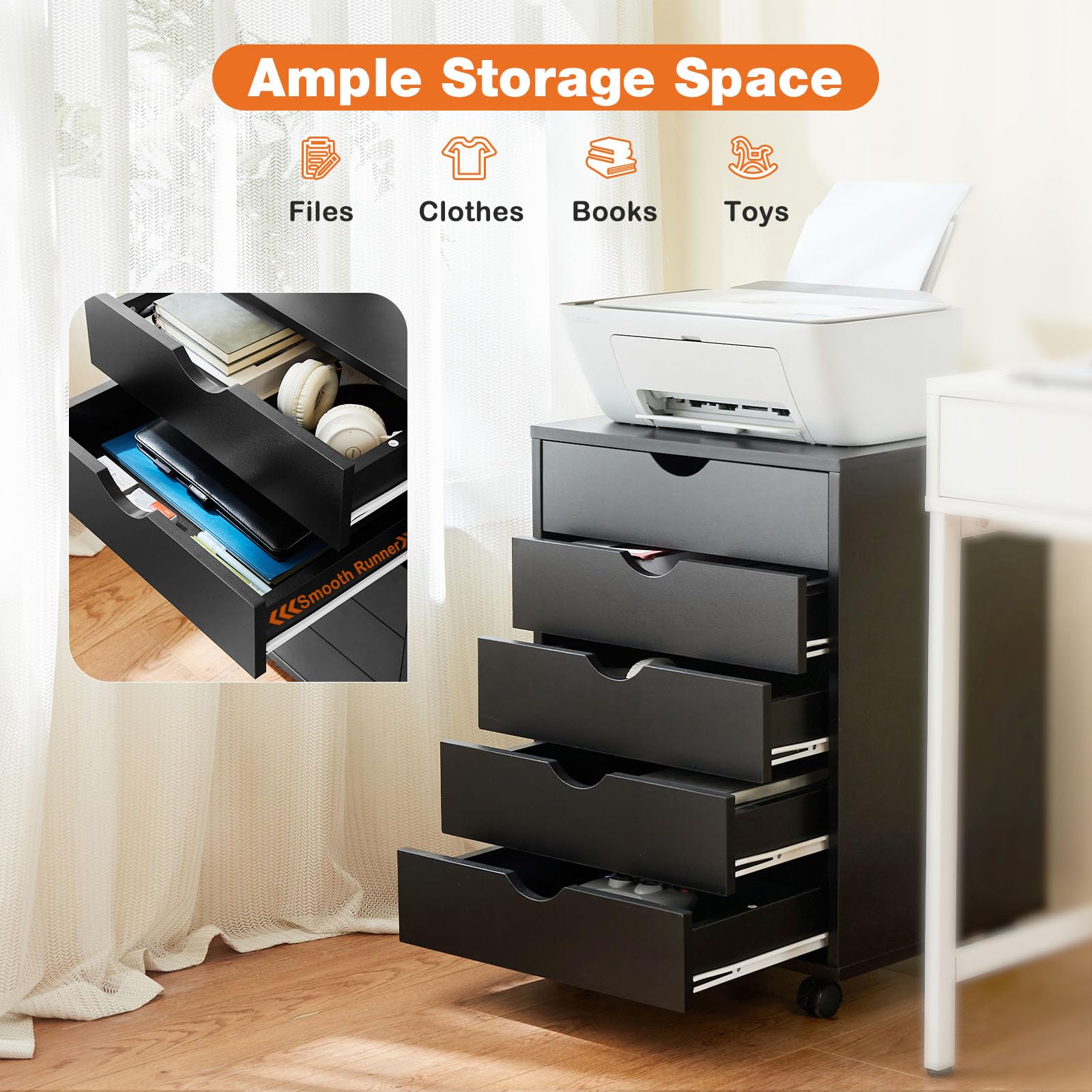 5-Drawer Wooden Storage Cabinet with Wheels - Mobile Dresser Organizer for Office, Bedroom & Home - Black File Cabinet for Documents, Clothes & Home Organization