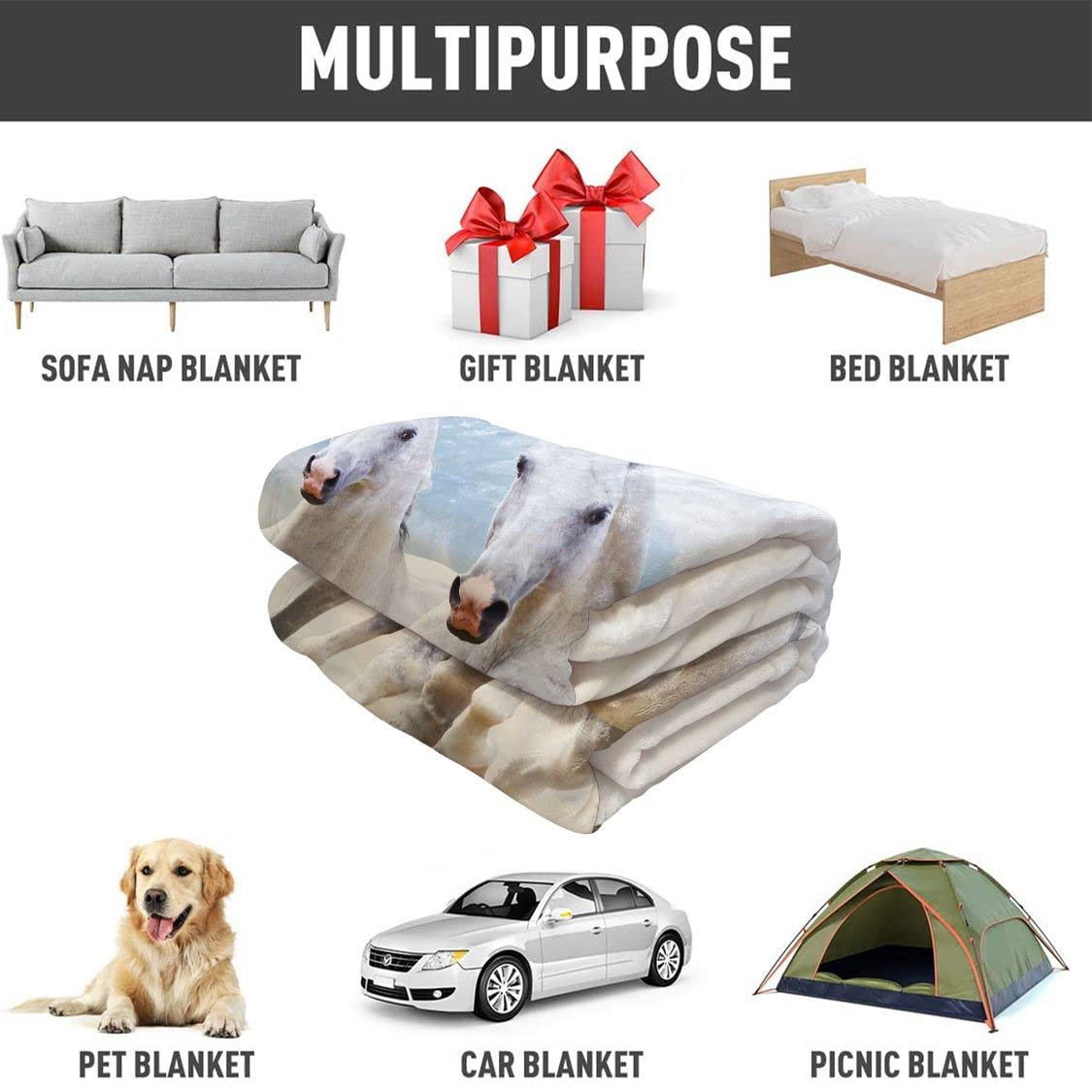 Premium White Horse Throw Blanket - Soft Fleece Running Animal Design - Cozy Warm Cloud Pattern Blanket for Sofa, Couch & Bed (60