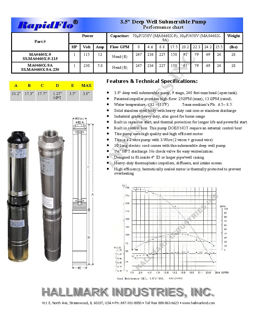 Hallmark Industries MA0460X-9A 1HP Deep Well Submersible Pump - 230V, 9 Stage, 25 GPM, 240ft Head, Stainless Steel Shell - Ideal for Residential Water Supply, Irrigation & Farm Use