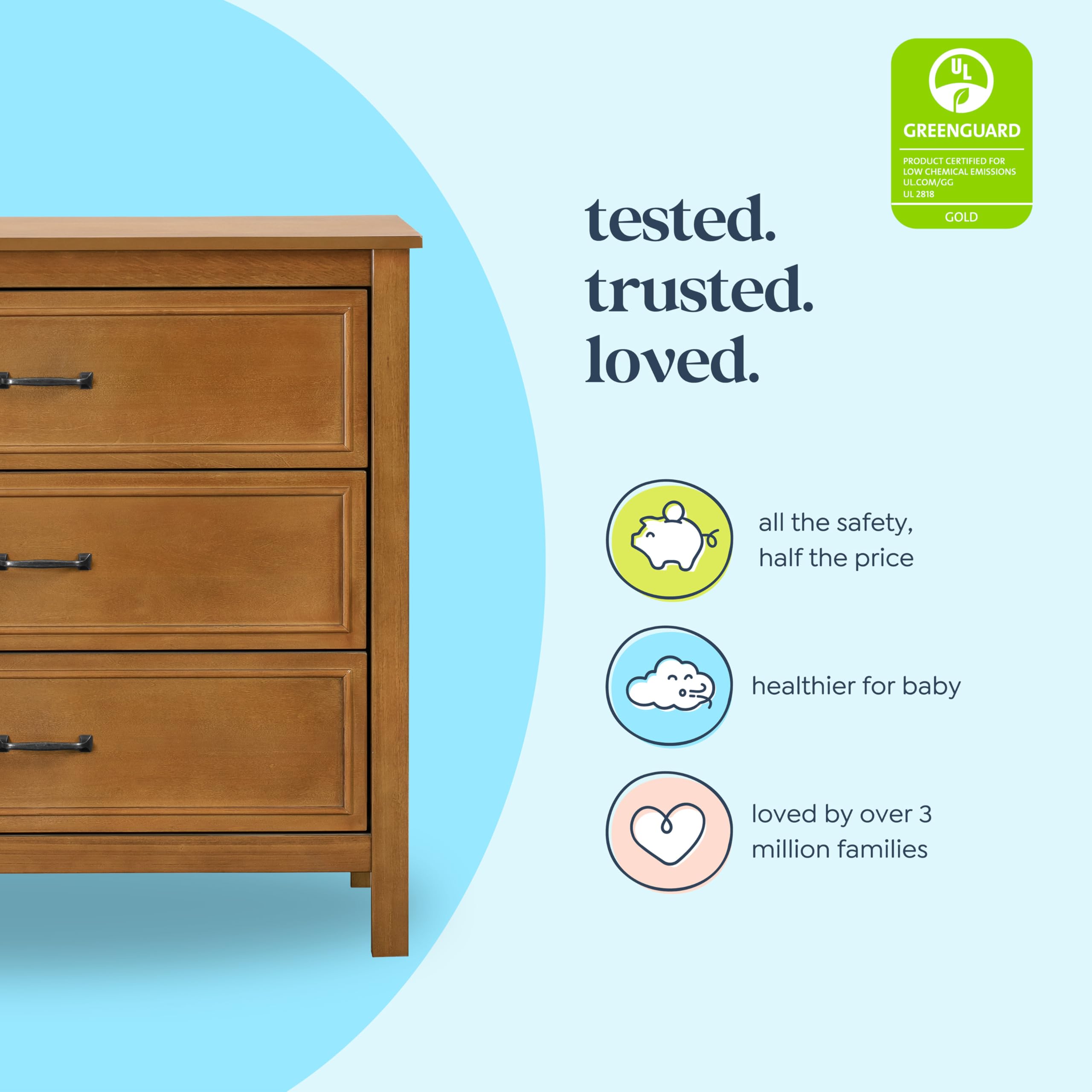 DaVinci Charlie 3-Drawer Chest Dresser in Chestnut - Perfect for Nursery, Bedroom & Kids Room Storage Organization