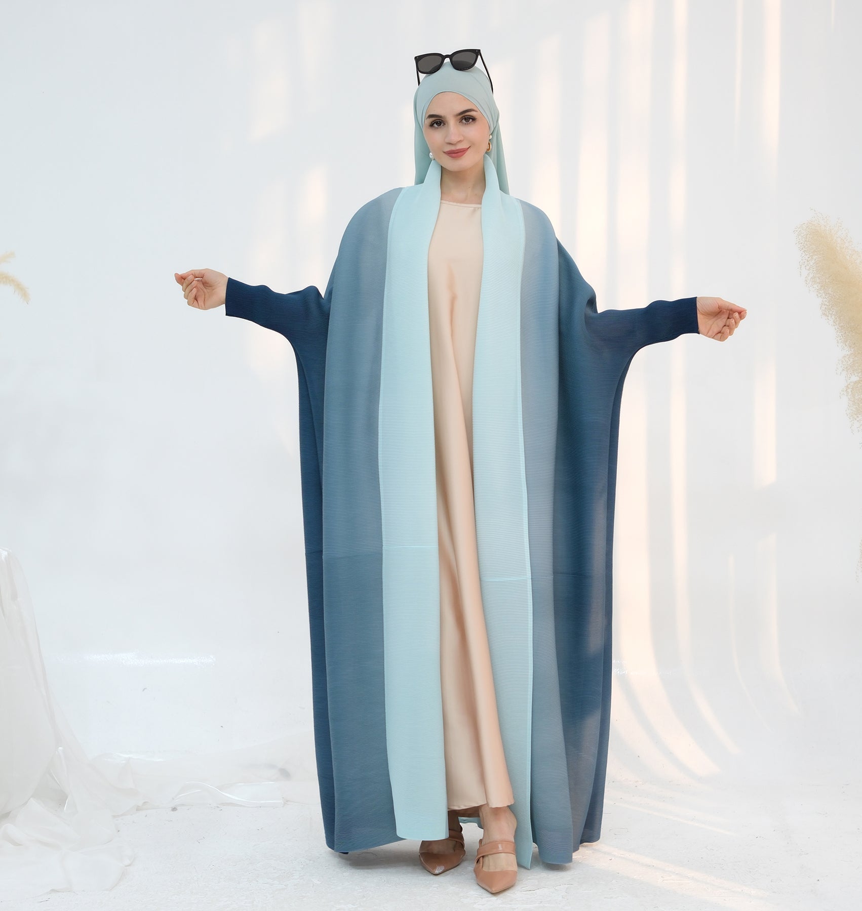 Elegant Pleated Ombre Kimono Open Abaya Dress - Blue Flowy Maxi Robe for Women | Perfect for Beach Cover Up, Evening Parties & Boho Fashion