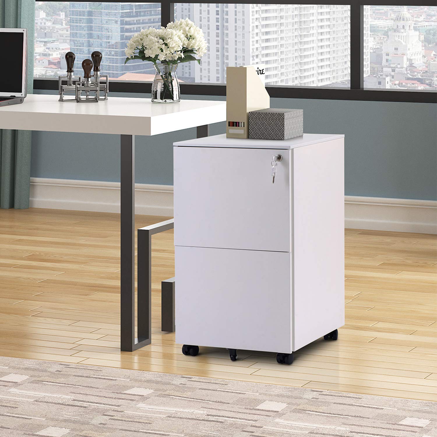 2 Drawer Locking File Cabinet with Wheels - Mobile Metal Filing Cabinet for Home & Office, Steel, White - Perfect for Organizing Documents in Small Spaces & Offices