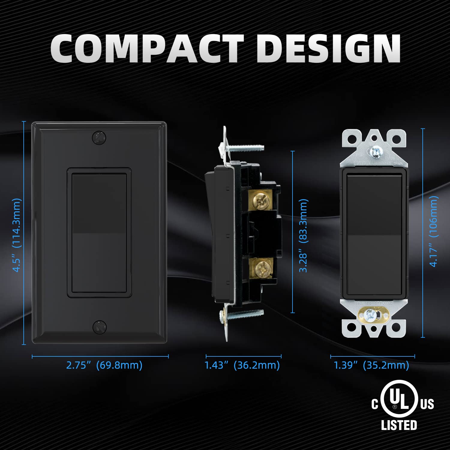 ELEGRP 15Amp 120-277V Single Pole Decorator Light Switch with Wall Plate - Paddle Rocker On/Off Switch, Self-Grounding Residential Grade, UL/CUL Certified (10 Pack Glossy Black) - Perfect for Home, Office and Commercial Lighting Control