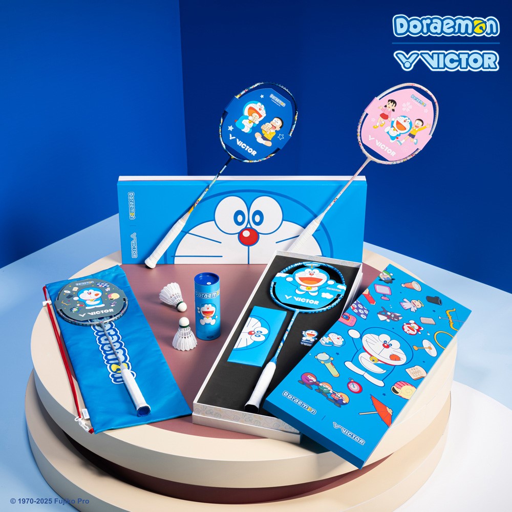 Victor X Doraemon DRM SET IB 2 Badminton Rackets Set [Pink/Blue] - Premium Badminton Equipment for Kids & Beginners - Perfect for Backyard Games, School PE Classes & Family Sports Activities