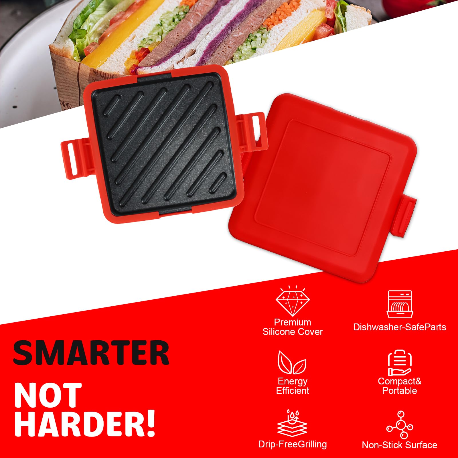 Microwave Toastie Sandwich Maker - Quick & Easy Grilled Cheese & Breakfast Toaster - Compact & Portable for Dorms, Office & Small Kitchens - Dishwasher Safe & Space-Saving Design (Red)