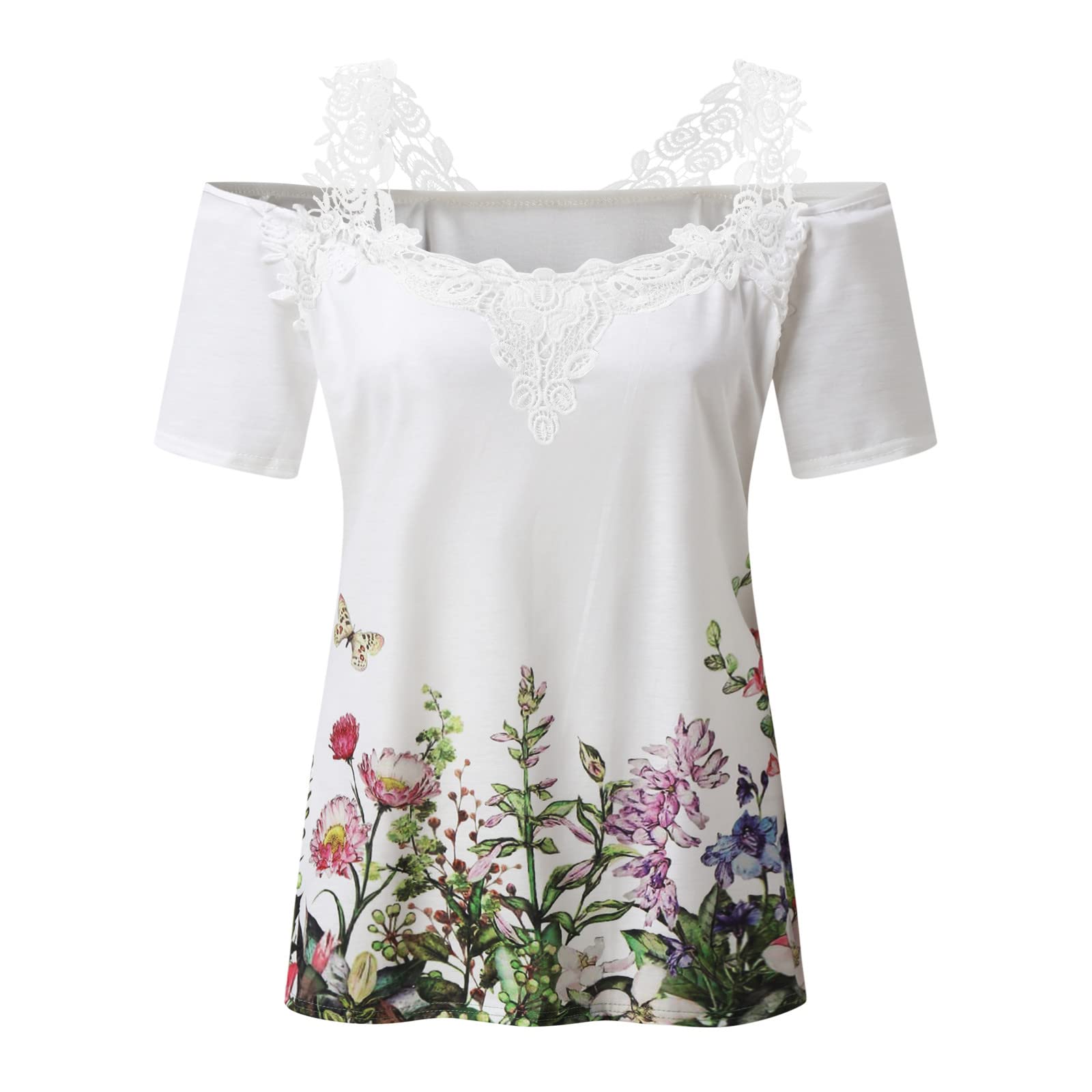 Women's Short Sleeve Lace Cold Shoulder V-Neck T-Shirt - Summer Casual Blouse Pullover Tee in Green | Perfect for Beach Outings, Date Nights & Weekend Wear