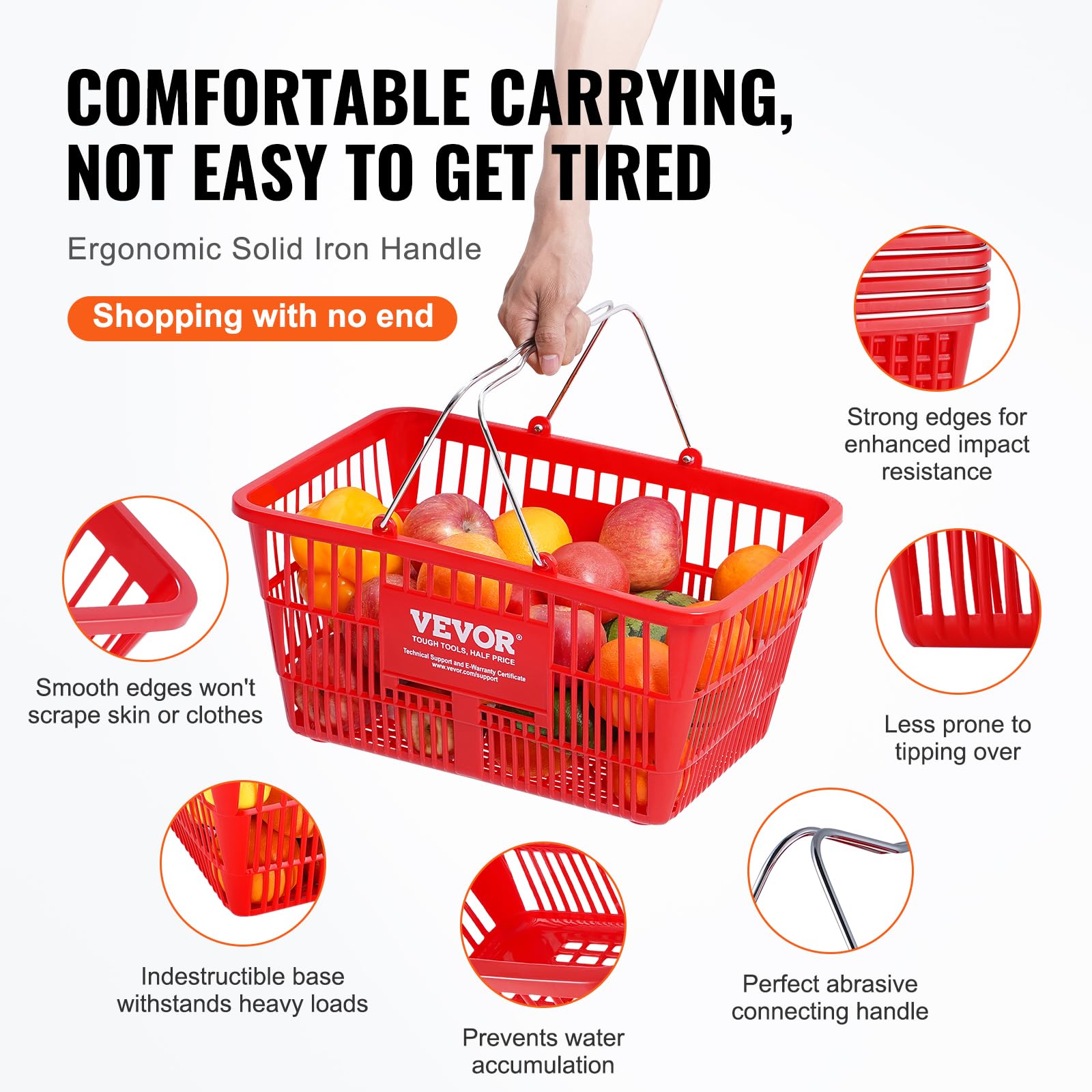 VEVOR 12-Pack Durable Plastic Shopping Baskets with Metal Handle & Stand, 21L Capacity (16.73