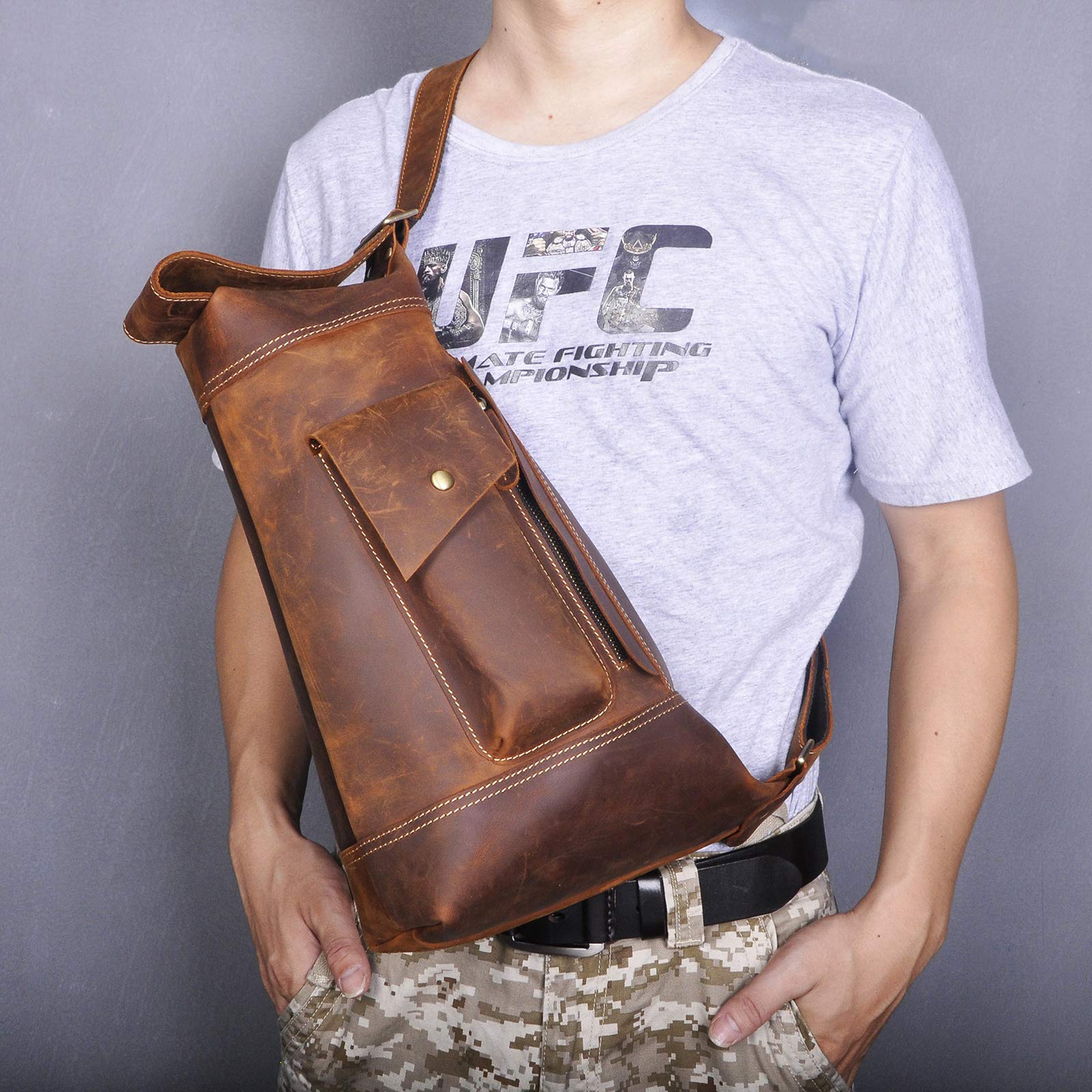 Le'aokuu Men's Leather Crossbody Sling Bag - Large Outdoor Hiking Travel Chest Shoulder Bag for Men (Brown) | Perfect for Hiking, Travel, Work Commute & Daily Use