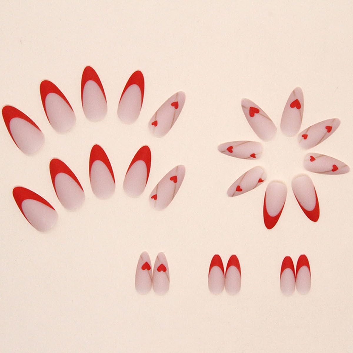 Almond Shaped Press on Nails - French Rose Red Matte Acrylic Fake Nails with Heart Design, 24PCS Full Cover Glue on Artificial Nails for Women & Girls | Perfect for Daily Wear, Parties, Weddings & Special Occasions