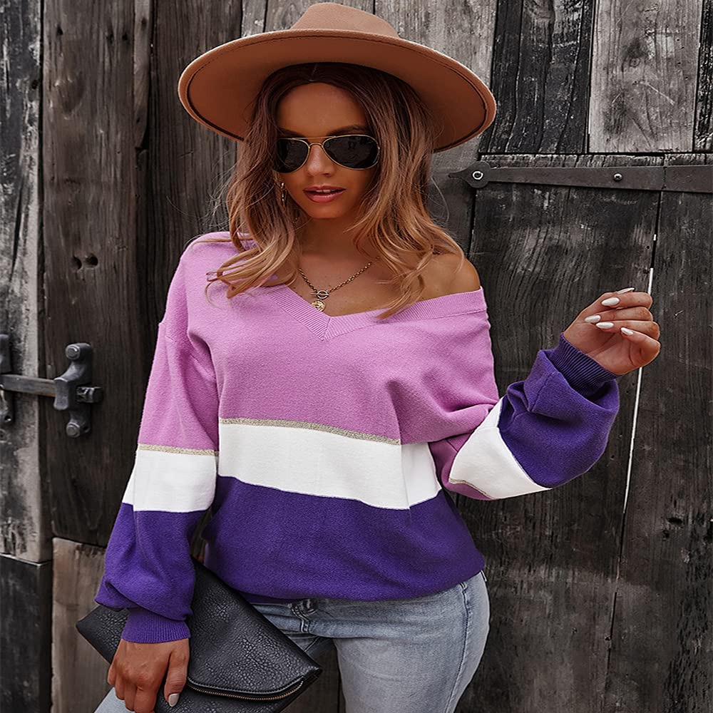 Women's Casual Knit Long Sleeve V-Neck Color Block Stripe Pullover Sweater Shirt Tunic - Comfortable Fall & Winter Layering Top for Work, Date Night and Weekend Outfits