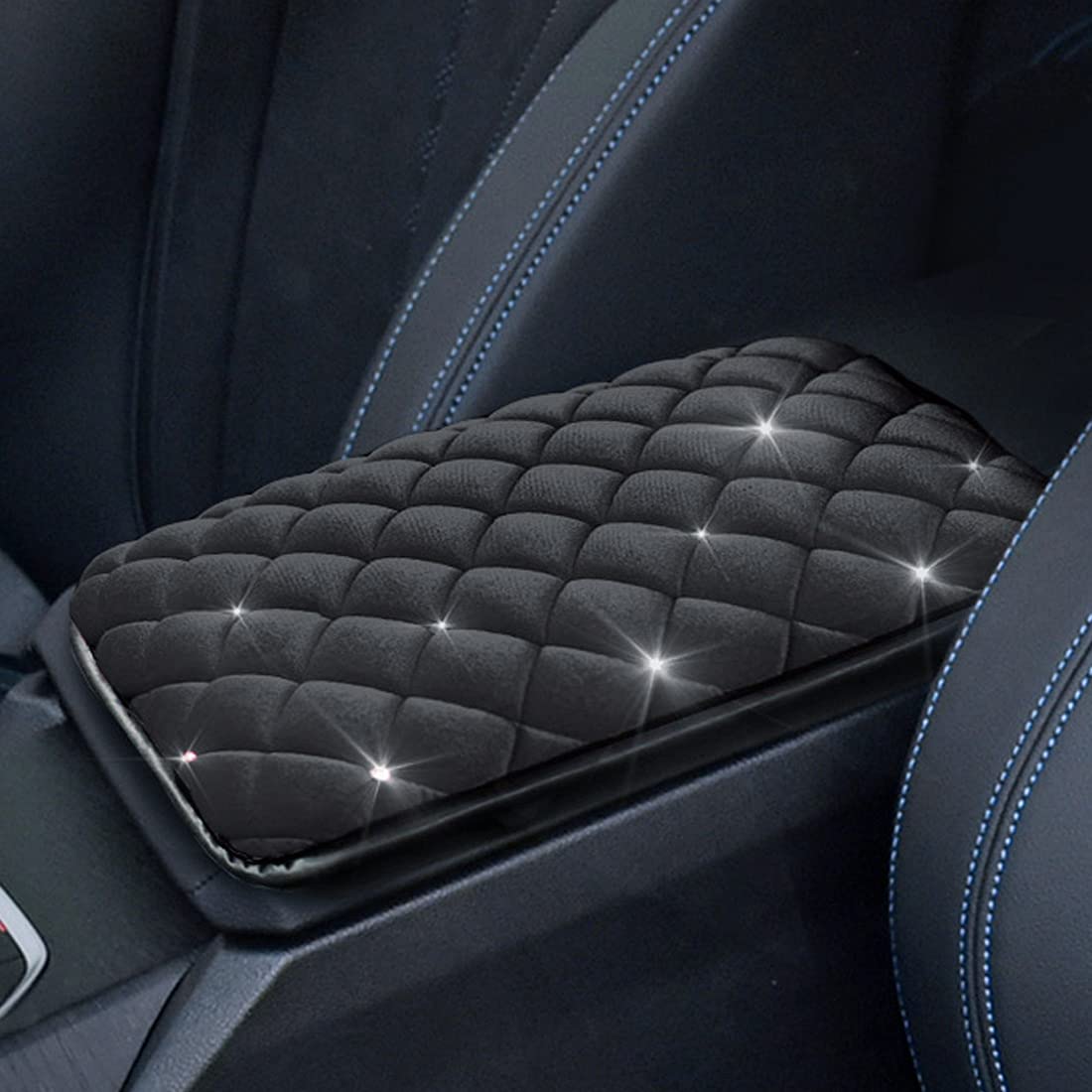 ESKONKE Car Armrest Cover with Soft Velvet & Shiny Diamonds - Center Console Cushion Pad for Winter Warmth - Universal Auto Interior Decoration Accessories (Black) - Perfect for Sedans, SUVs & Trucks