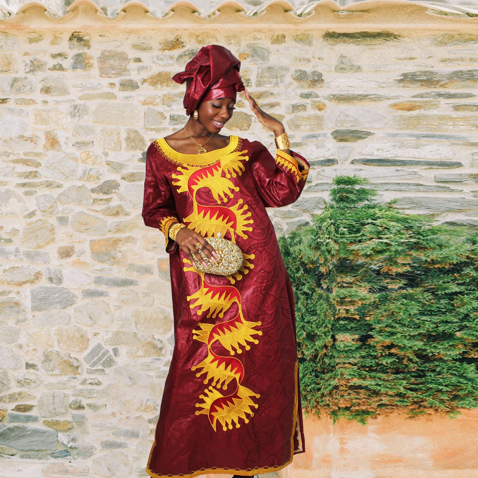 TIDOIRSA African Dresses for Women | Embroidered Bazin Boubou Wedding & Party Dress with Matching Scarf | Perfect for Bridal Showers, Cultural Events & Special Occasions