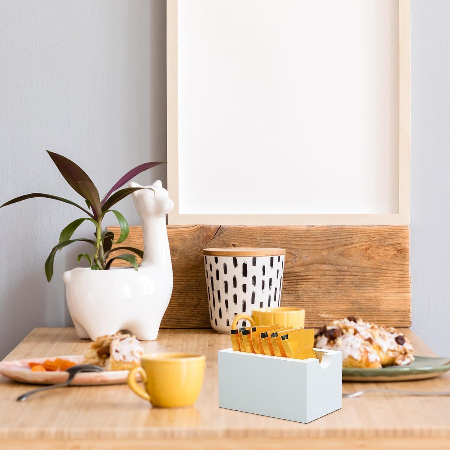 Wooden Sugar Packet Holder & Dispenser - Coffee Bar Sugar Packets Caddy for Table, Office, Hotel, Restaurant - White - Perfect for Coffee Stations, Breakfast Nooks, and Hospitality Settings