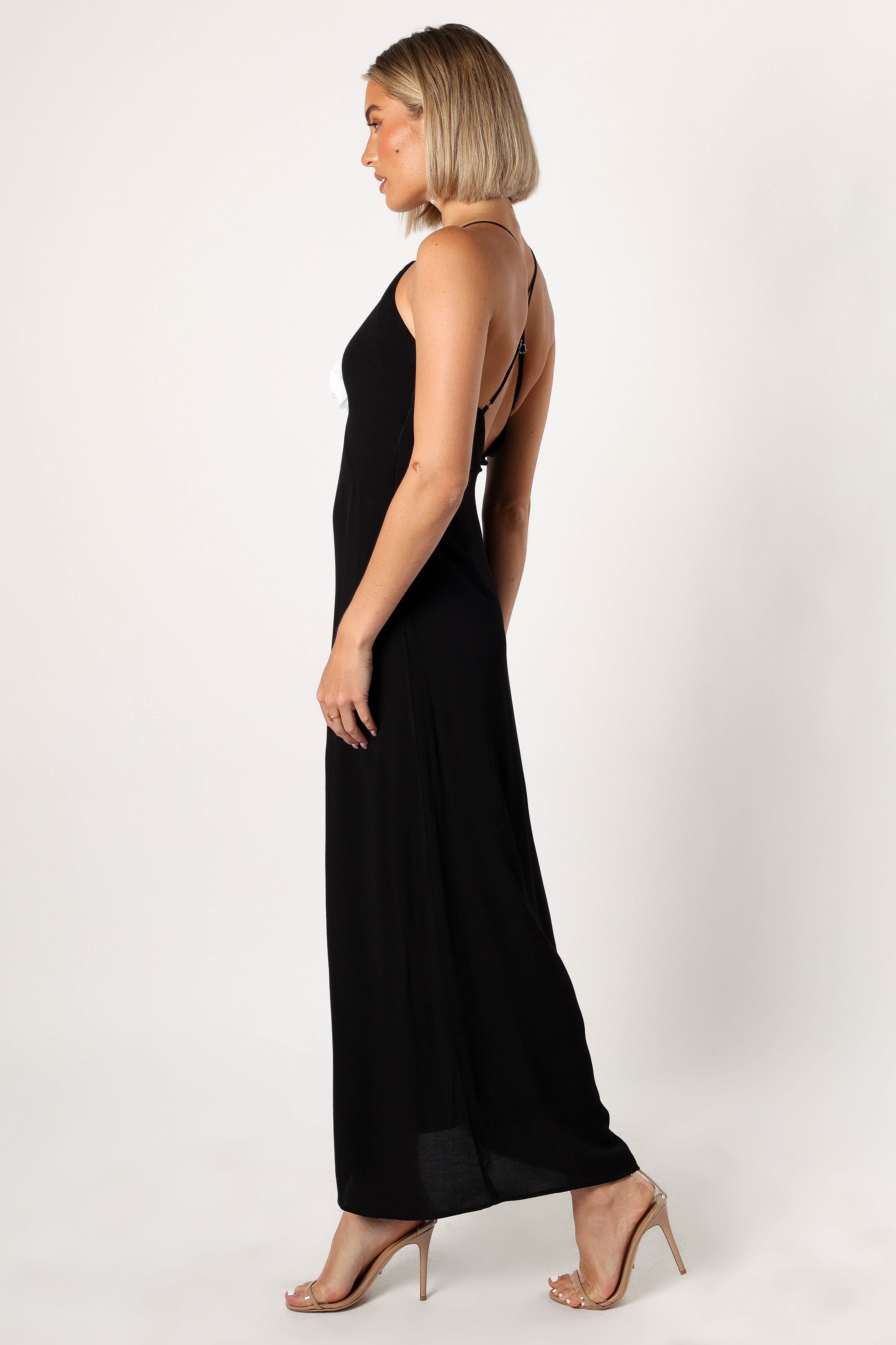 Florence Rosette Trim Maxi Dress - Elegant Black Floral Lace Evening Gown for Women | Perfect for Weddings, Parties & Special Occasions