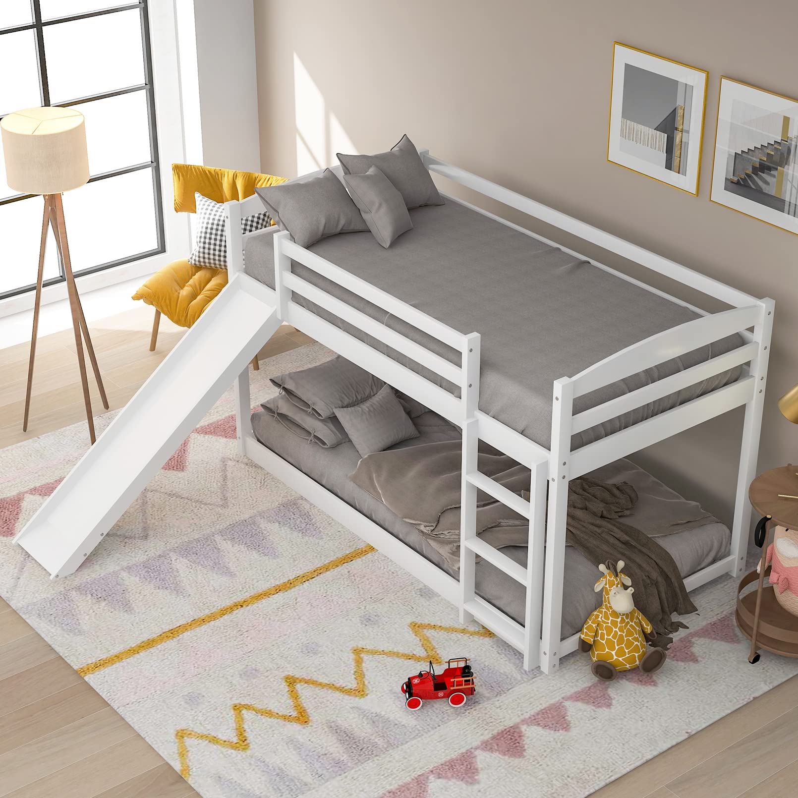 Twin Over Twin Wooden Bunk Bed with Convertible Slide & Ladder - Sturdy Wood Slat Support for Kids, Teens & Adults - No Box Spring Needed - White - Perfect for Small Bedrooms, Dorm Rooms & Vacation Homes