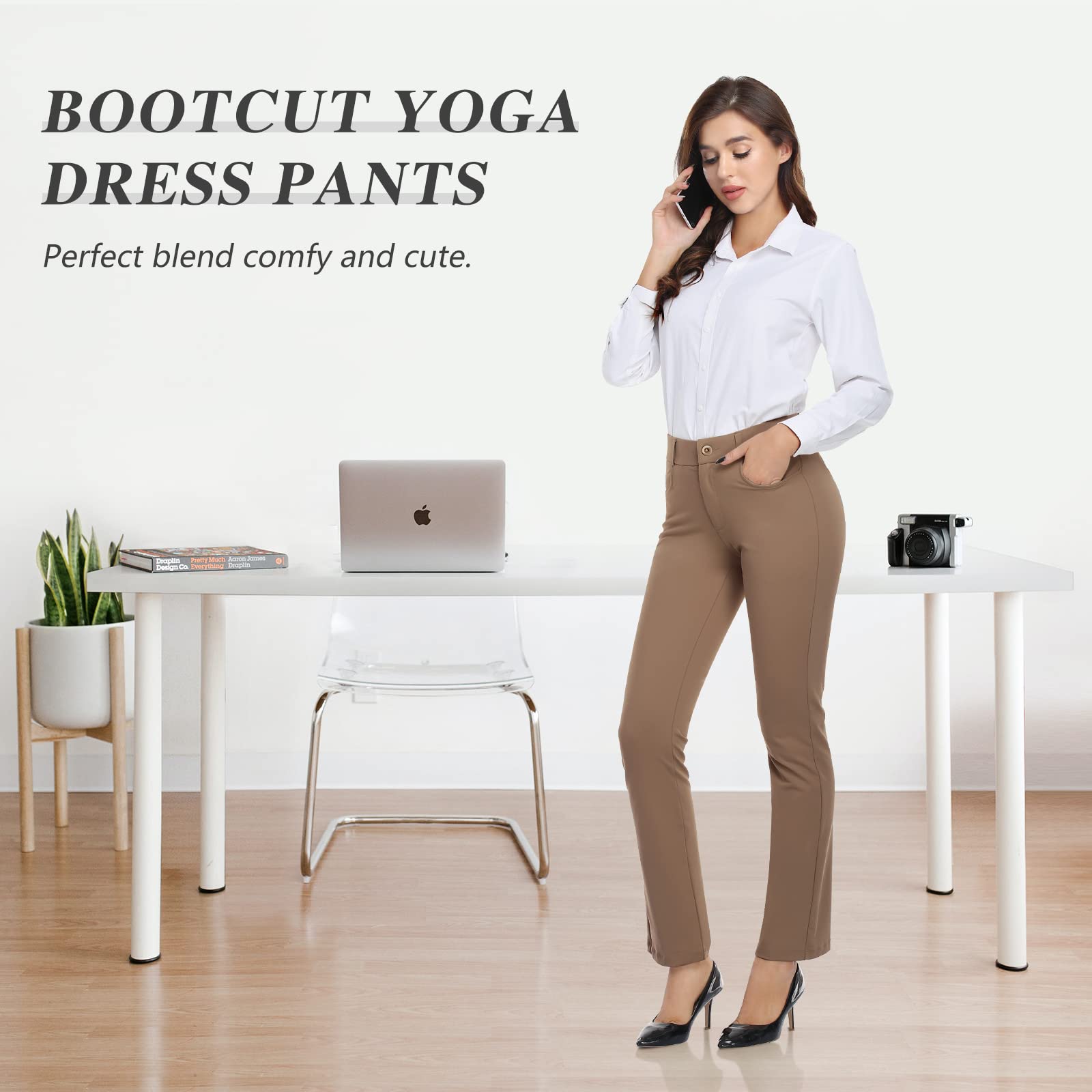 HISKYWIN Women's Stretchy Yoga Dress Pants - Straight Leg & Bootcut Office Work Slacks with Pockets for Business Casual, Petite Sizes - Perfect for Yoga, Work, Travel & Everyday Wear