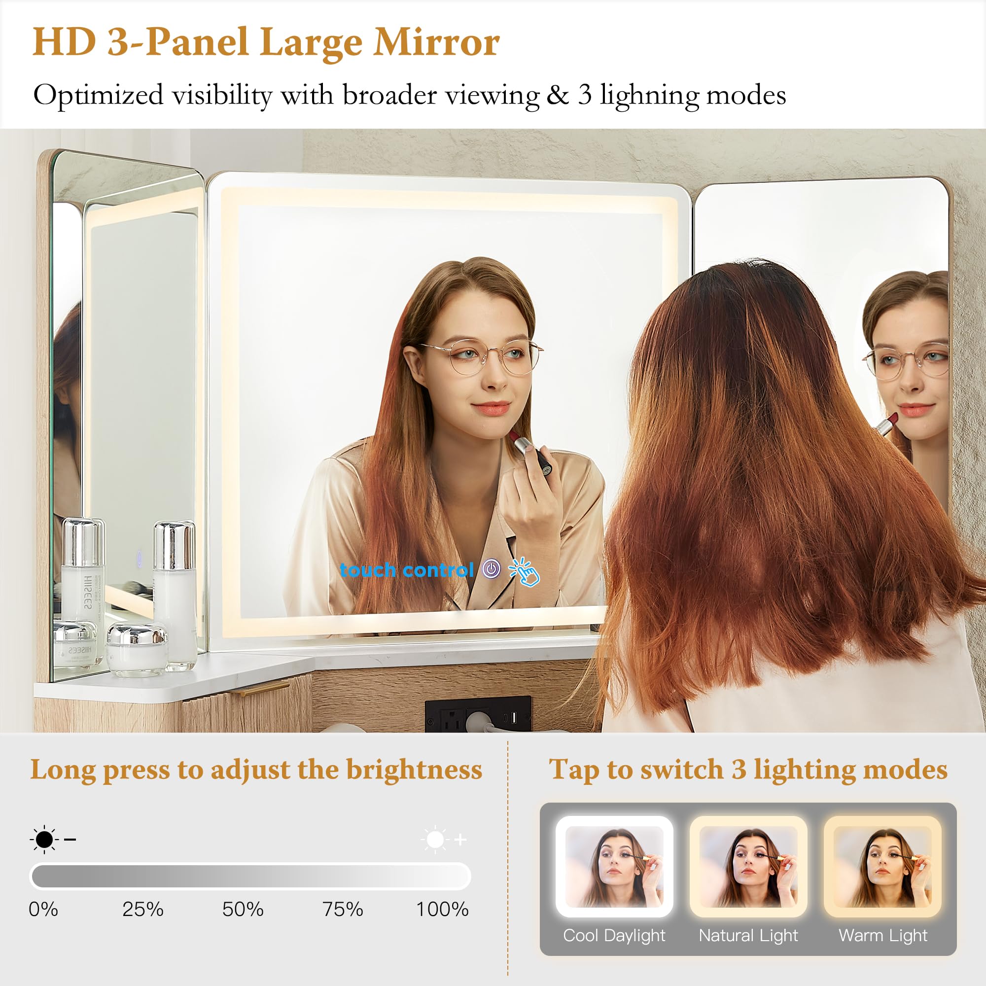 T4TREAM 48 Inch Fluted Makeup Vanity Desk with HD Triple Mirror & LED Lights - Modern Lighted Corner Dressing Table with Glass Top, 3 Drawers & 2 Cabinets - Natural Oak Finish for Bedroom, Home Decor & Beauty Room Organization