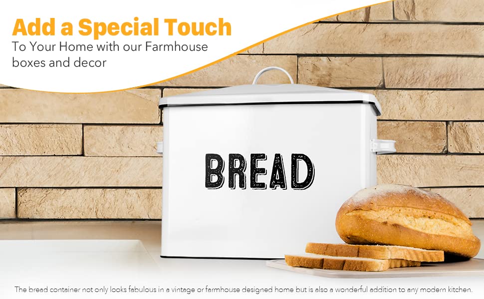 Granrosi Large Farmhouse Bread Box with Metal Lid - White Bread Storage Container for Kitchen Countertop - Perfect for Storing Bread, Baguettes, Rolls & Pastries to Keep Fresh Longer