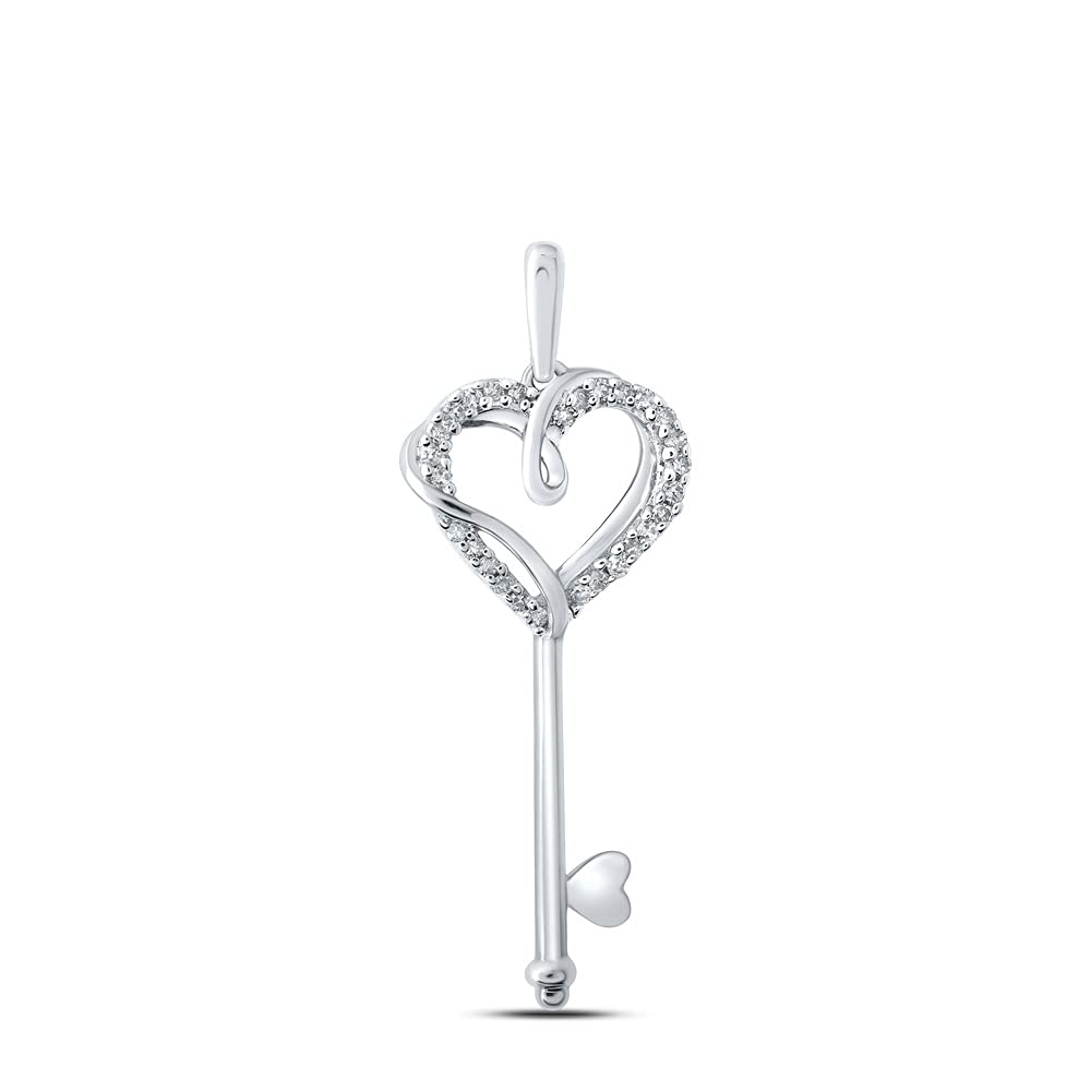 10K White Gold Women's Round Diamond Heart Key Pendant Necklace - 1/12 CTTW - Perfect Gift for Anniversary, Valentine's Day & Special Occasions