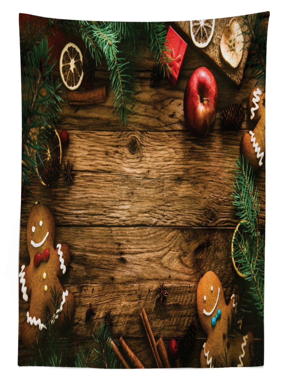 Ambesonne Christmas Outdoor Tablecloth - Gingerbread Man & Pine Tree Design, Rustic Wood Theme, Washable Picnic Table Cover 58x84 Inches, Brown & Green Holiday Decor for Dining, Parties & Festive Gatherings