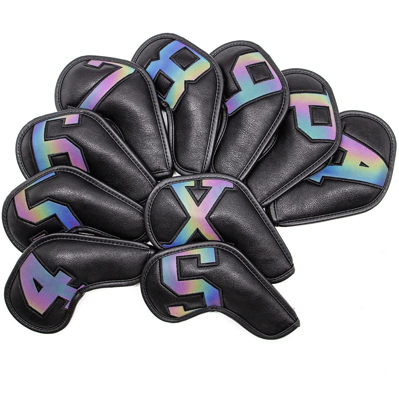 Premium 10-Piece Leather Golf Iron Head Covers Set - Colorful Magic Tape Design for Titleist, Callaway, Ping - Protect Your Golf Clubs During Play & Travel