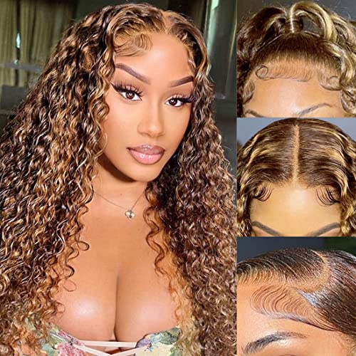 20 Inch Honey Blonde Lace Front Wigs Human Hair - 150% Density Highlight Curly HD Transparent 13x4 Lace Wig - Pre Plucked Baby Hair with Deep Wave Ombre for Black Women - Perfect for Parties, Weddings & Daily Styling (Includes 5 Free Gifts)