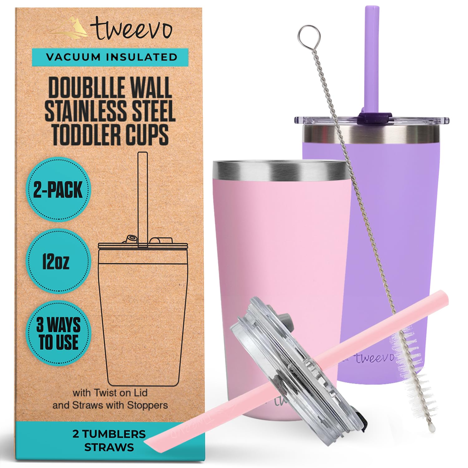 Tweevo 8.5oz Stainless Steel Kids Water Bottle with Straw - Spill Proof Toddler Cup for Smoothies & Drinks - Insulated Thermal Tumbler with Screw Lid & Cleaning Brush - Perfect for School, Travel & Outdoor Activities (Pink & Purple)