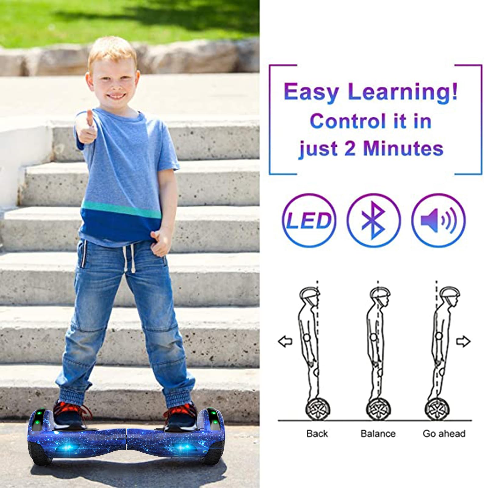 SISIGAD Hoverboard for Kids Ages 6-12 - Bluetooth Speaker & 6.5
