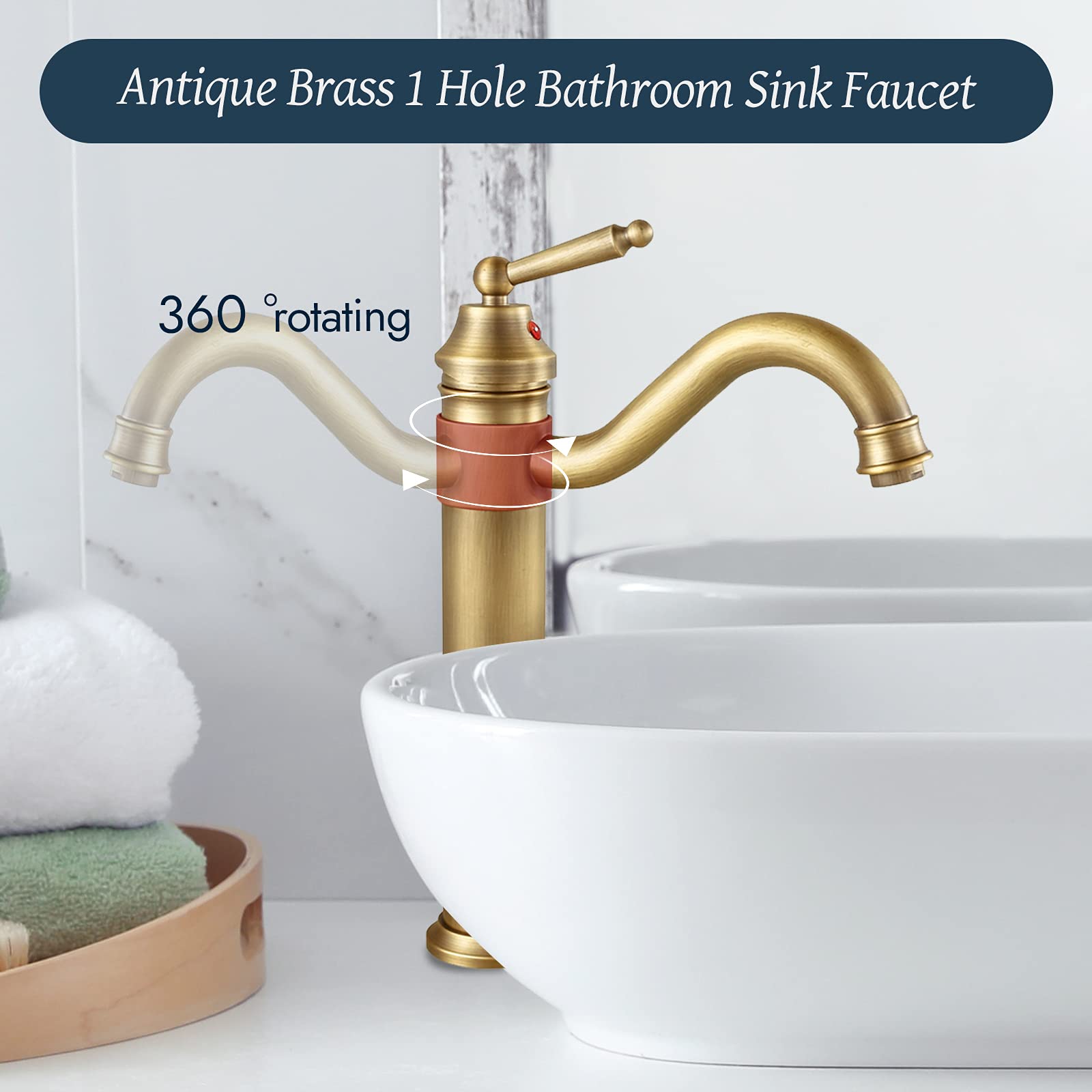 Gotonovo Antique Brass Shower Faucet Set - 8 Inch Rainfall Shower Head with Matching Single Handle Bathroom Sink Faucet - Deck Mount Single Hole Vessel Sink Faucet - Perfect for Vintage Style Bathroom Renovations and Modern Home Upgrades