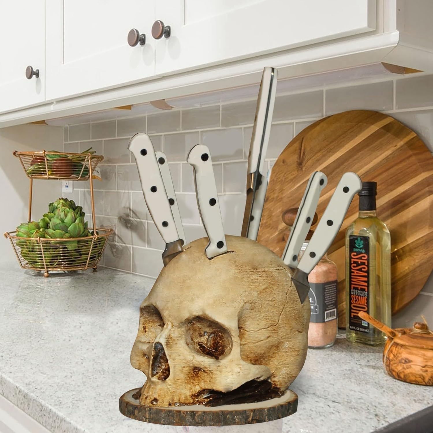 Horror-Themed Skull Knife Holder for Kitchen - Resin Halloween Knife Block with Skeleton Design | Perfect for Gothic Kitchen Decor, Halloween Party Display & Scary Fruit Storage Rack