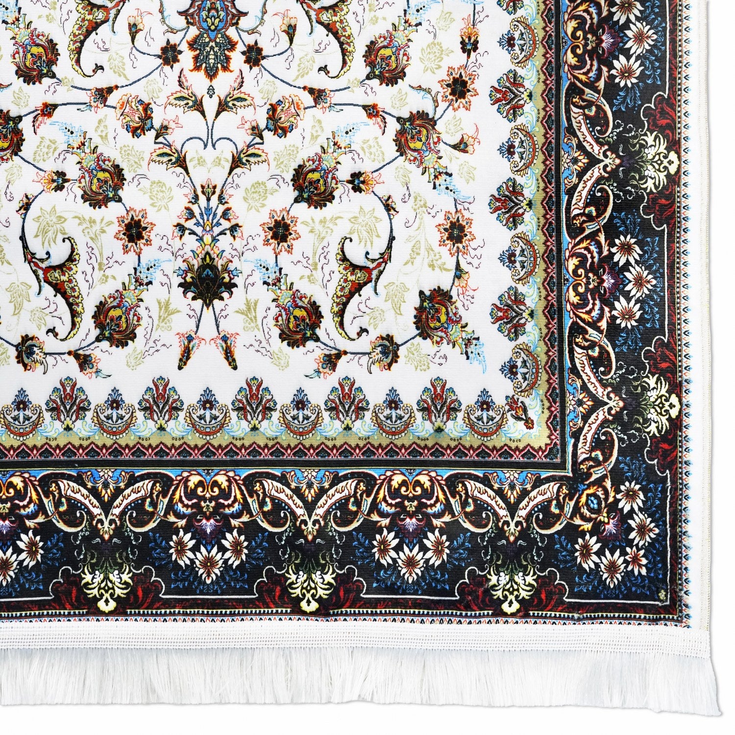 Premium Islamic Prayer Mat - White & Navy Floral Design Prayer Rug for Muslims - Perfect for Home, Mosque & Travel Use