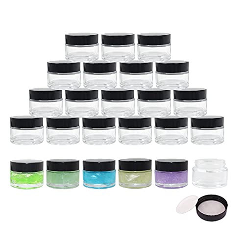 BPFY 24 Pack 1 oz Round Clear Glass Cosmetic Jars with Inner Liners & Black Lids - Travel-Sized Containers for Lip Balm, Ointment, Powder, Makeup, Cream, Eyeshadow, Slime & Paint - Perfect for DIY Beauty, Crafts & Travel Organization