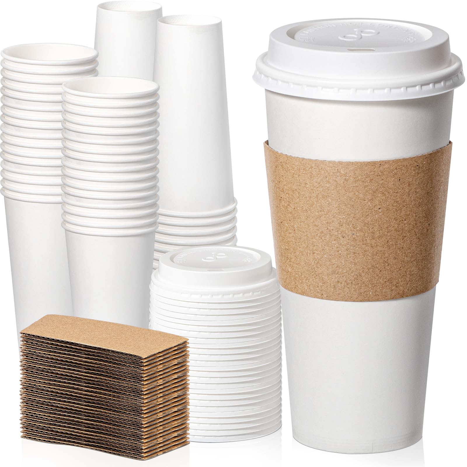 50 Pack 24 oz Disposable Coffee Cups with Lids & Sleeves - Leak-Proof To-Go Hot Paper Cups for Coffee, Tea, Hot Chocolate - Ideal for Home, Office, Cafes, Parties & Food Businesses - Durable & Eco-Friendly