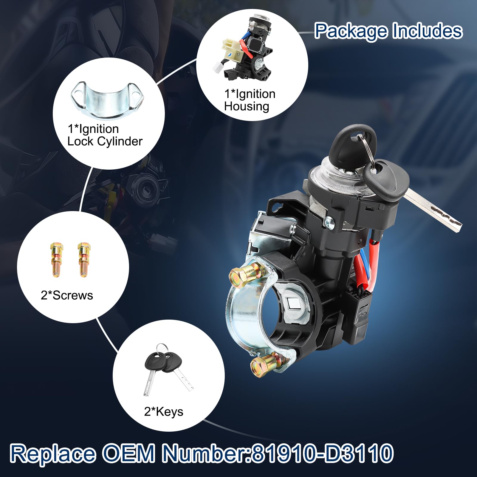 81910-D3110 Ignition Lock Cylinder & Housing with 2 Keys - Compatible with 2015-2021 Hyundai Tucson, Elantra GT, Veloster N & 2016-2023 Kia Rio, Sportage - Replacement Ignition Switch Assembly (Perfect for DIY Car Repairs & Key Replacement)